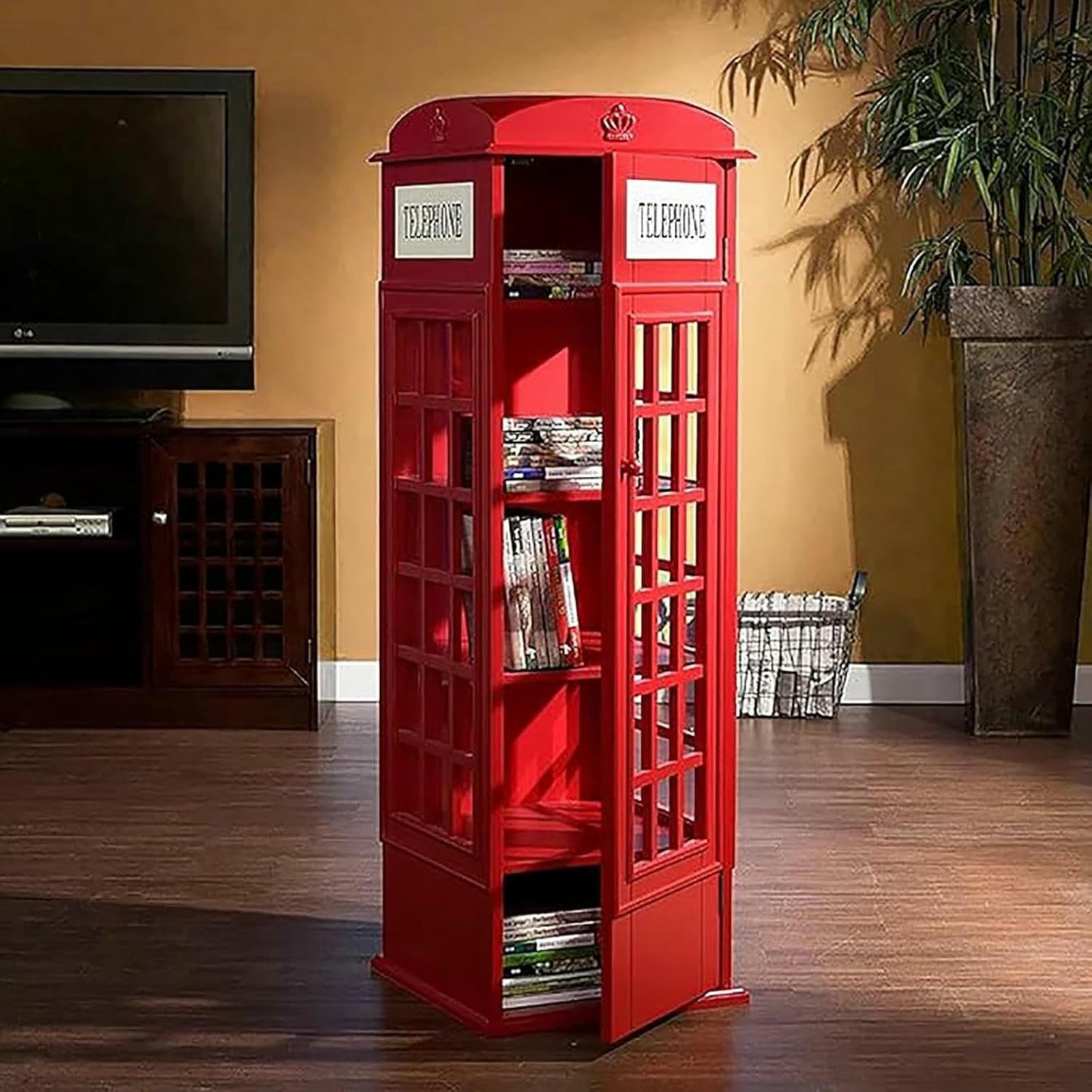 MNJVCFDS London Telephone Booth 5-Tier Wood Bookcase with Acrylic Door - Floor Standing Display Cabinet for Cute Storage Organizer