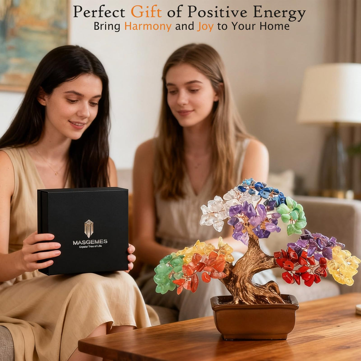 MASGEMES 7 Chakra Tree of Life Handmade Gemstone Bonsai Tree with 180 Large Beads- Healing Stones, Birthday Gifts for Women - Crystal Tree for Positive Energy, Home Office Decor