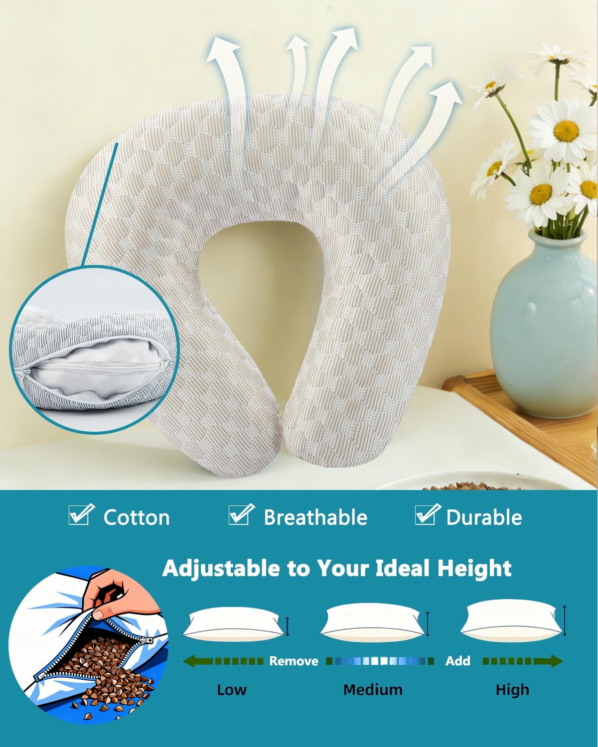 Edomi Buckwheat Neck Pillow with Dual-Layer Pillowcase, 12''x12'' Adjustable Firm U Shaped Pillows, Breathable for Cool Sleep, Neck Support Buckwheat Hulls Pillow for Back Sleeper (Khaki)