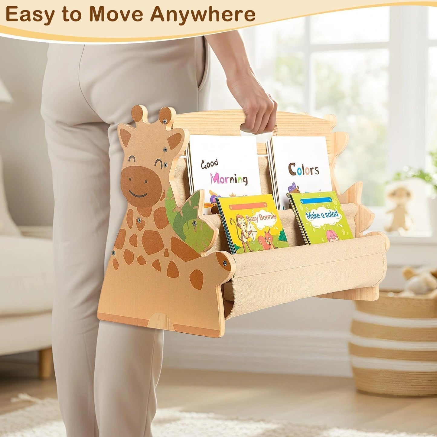 SheSeek Toddler Bookshelf Double-Sided with 4 Tier Deep Sleeves Kids Wooden Montessori Book Rack for Baby Nursery Room, Playroom, Classroom or Bedroom Bookcase Storage Organizer, Light Wood Giraffe