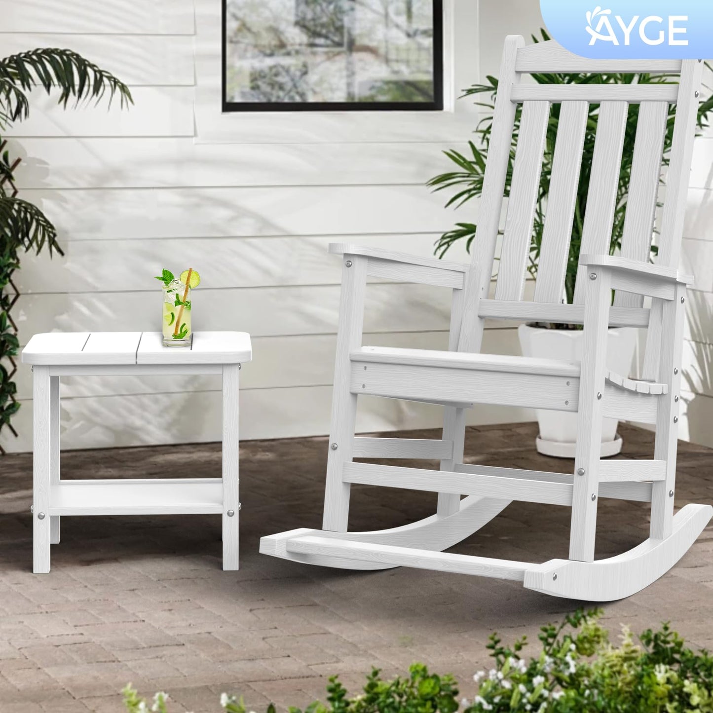 Ayge 17.7" Double Outdoor Side Table, Rectangular HDPE Adirondack End Table for Patio, Lawn, Pool, Garden, Backyard，White