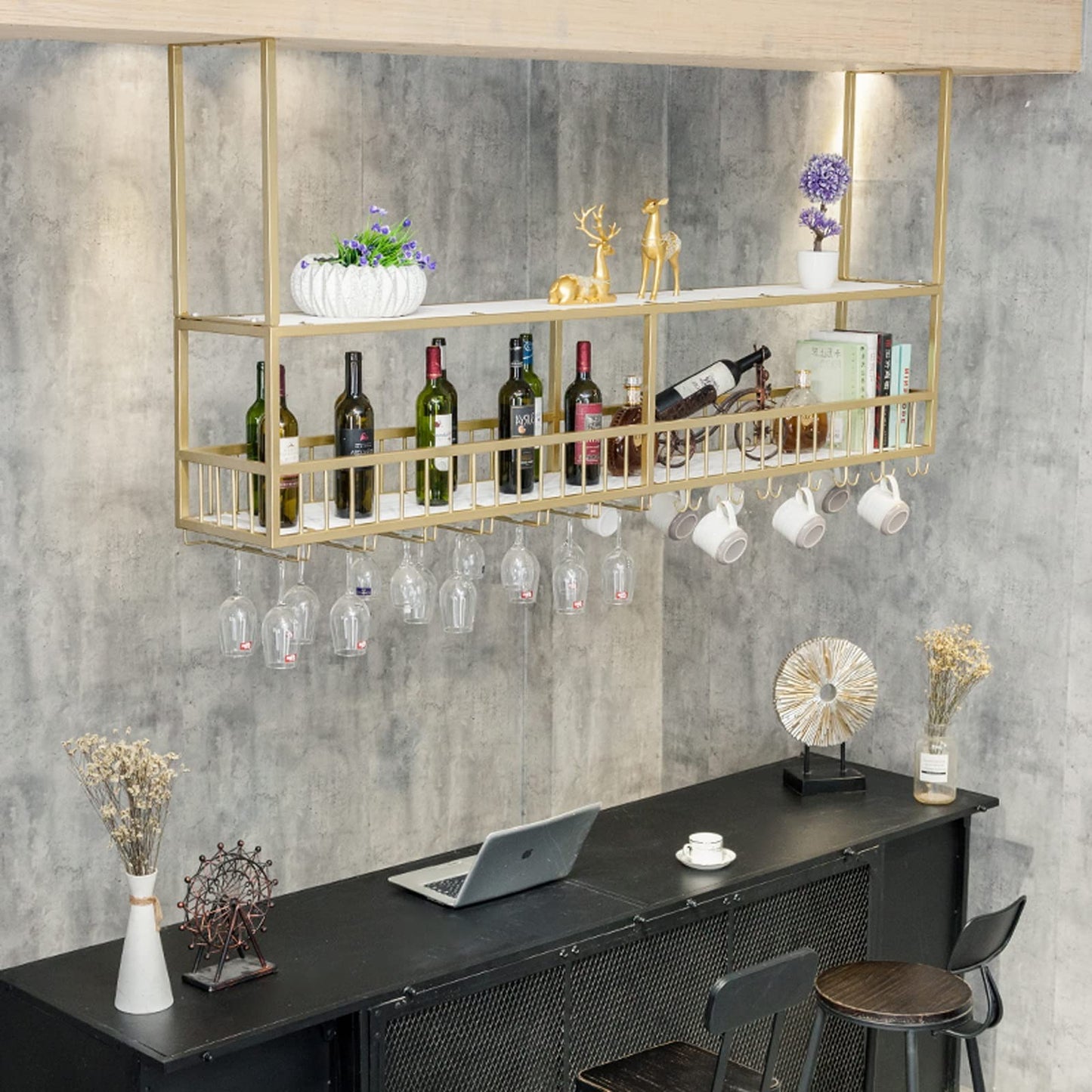 MISTRARA Ceiling Hanging Wine Rack with Glass Holder Shelf, Retro Style Hanging Wine Glass Rack,Wine Lovers Large Capacity Bar Furniture, for Bar, Cafe, Kitchen (Size : 100cm/39.4inch)