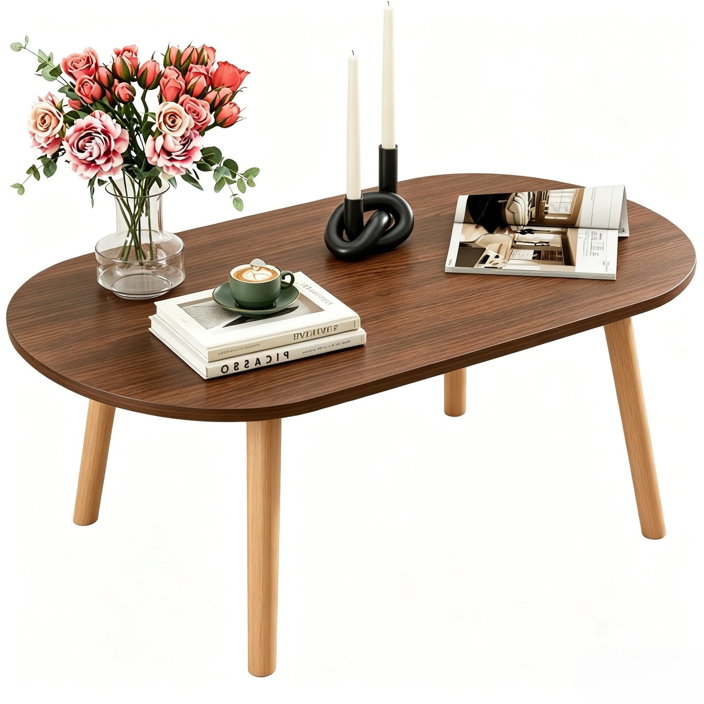 Coffee Table, 31.5" Modern Low Table with Solid Wood Legs, Floor Table Desk for Sitting on The Floor, Easy Assembly Small Space Coffee Table for Living Room, Apartment, Office (Large Oval BlackNut)