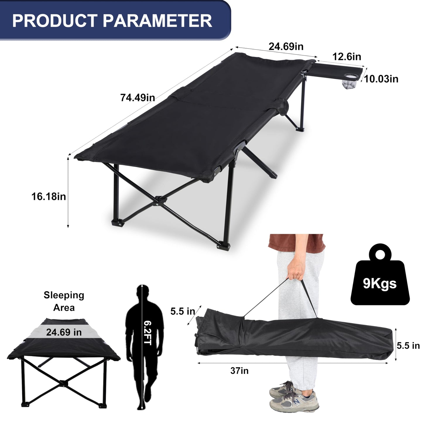 YSSOA Folding Camping Cot with Table for Adults, Portable and Lightweight Sleeping Bed for Outdoor Traveling, Hiking, Easy to Set up, Black