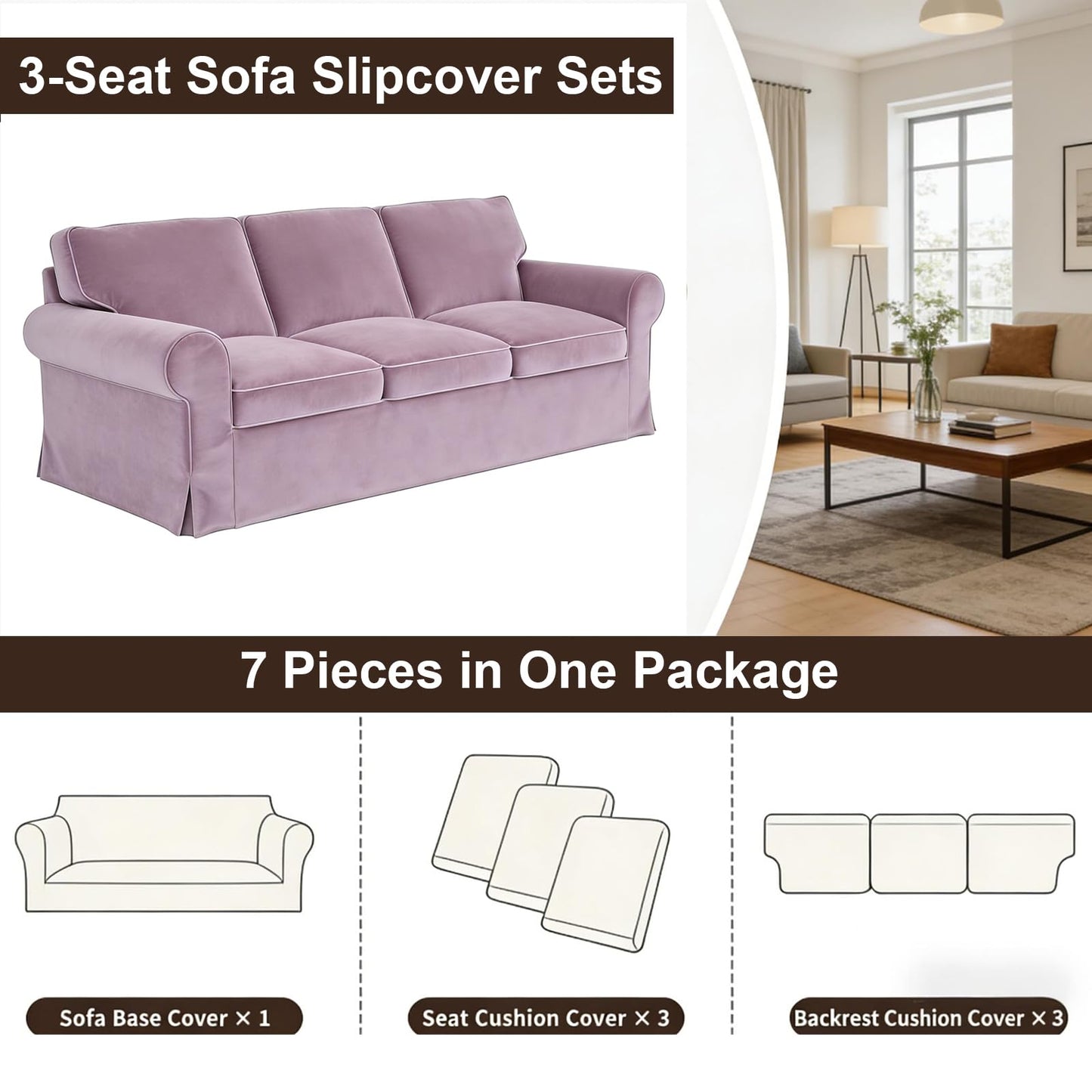 Velvet Pet-Friendly Replacement Sofa Cover Compatible for IKEA Ektorp 3 Seat Sofa Slipcovers, Couch Cover Only, 7-Piece Slipcover, Pink, Couch Cover Not Include The Sofa Body