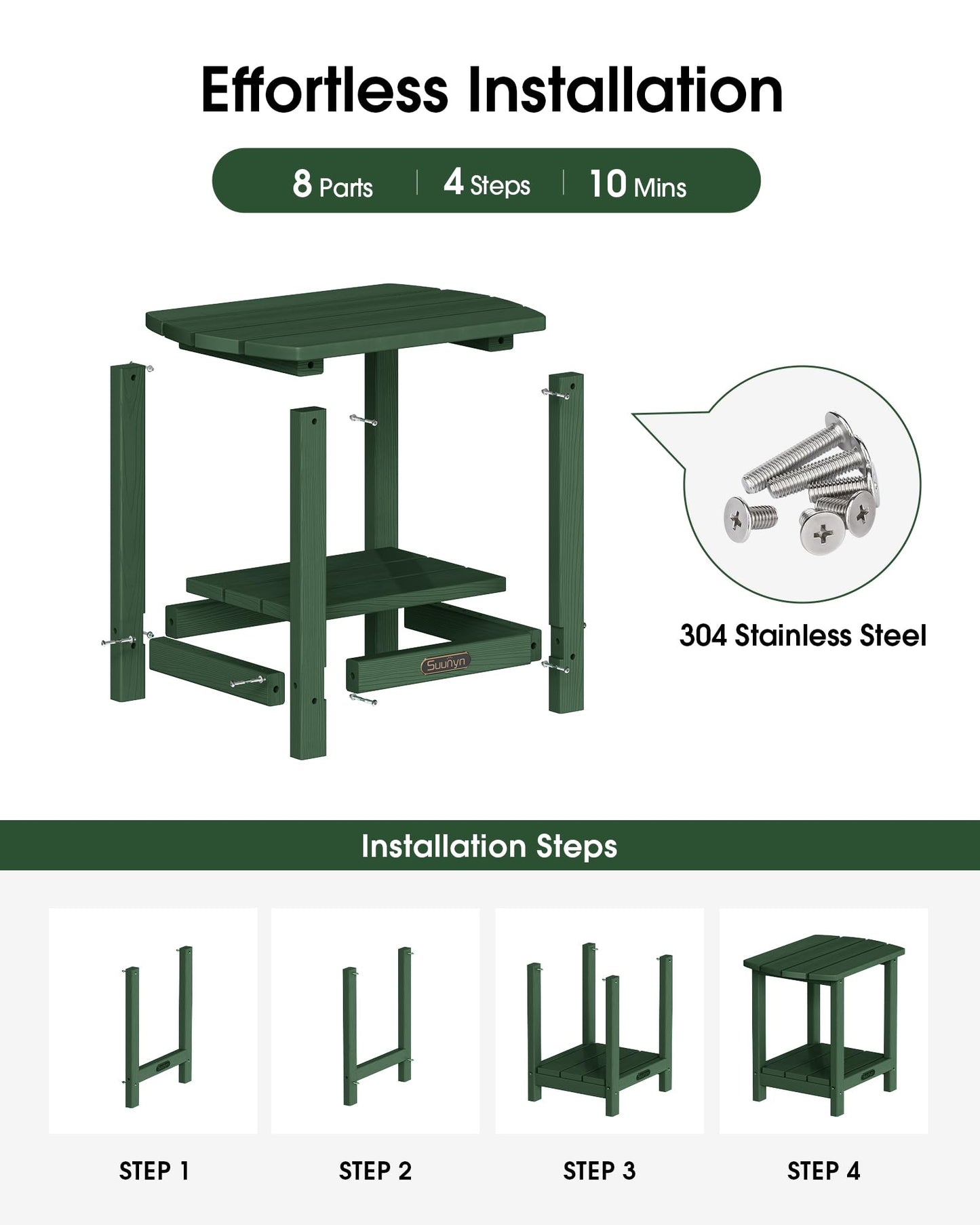 SUUNYN Outdoor Side Table, 2-Tier HDPE Small Outdoor Table, Adirondack Side Tables, Outside End Tables for Patio, Porch, Deck, Pool, Weather Resistant (Green)