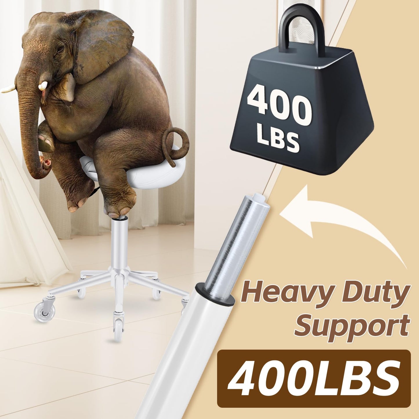 Saddle Stool Heavy Duty 400lbs - Ergonomic Thick Saddle Seat Cushion, Easy Height Adjustable, Healthy Posture No Pain, Smooth Rolling No Creaky Noises, Rolling Saddle Stool Chair with Wheels (White2)