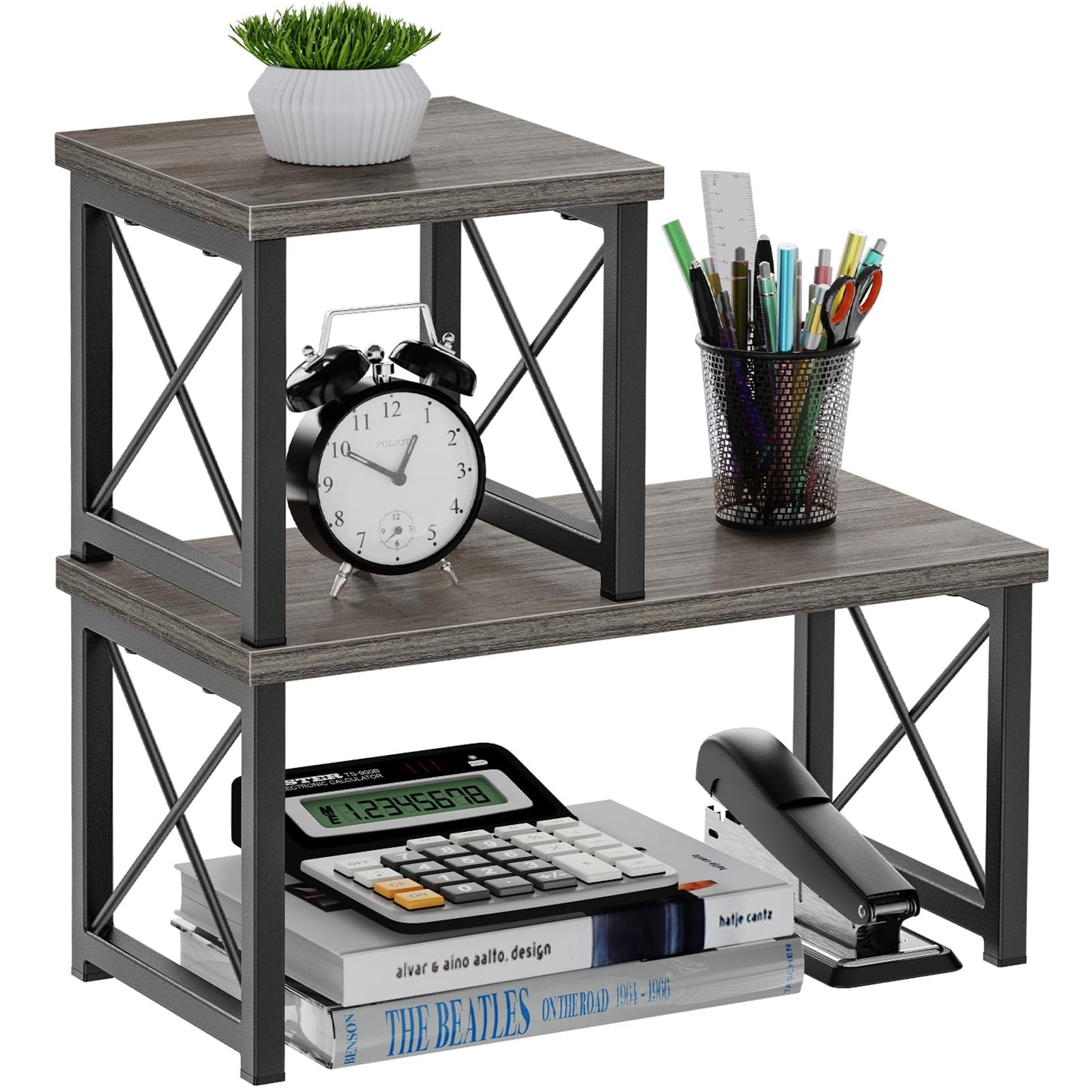 Honiter Desk Shelf for Top of Desk, Wood Desktop Shelf, 2 Tier Adjustable Bookshelf Organizer, Freestanding Stackable Desk Stand Storage Organizers Kitchen Counter Display Rack