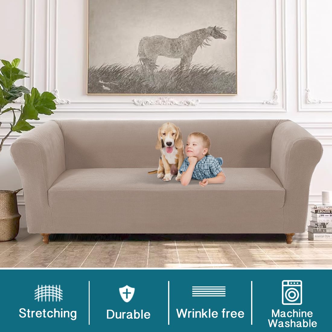 Turquoize Stretch Chesterfield Sofa Covers for Living Room Soft Sofa Couch Covers for 3 Cushion Couch Non-Slip Sofa Slipcover for Dogs Pet Furniture Protector Feature Jacquard Fabric (Sofa, Sand)