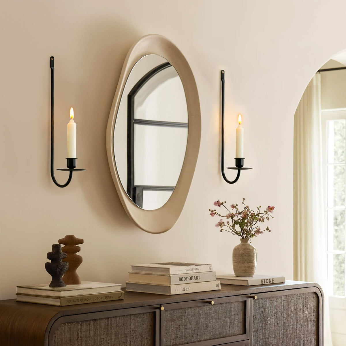 MrMrKura Wall Candle Sconces Set of 2, Metal Wall-Mounted Candle Holder for Taper Candles, Modern Wall Decoration for Farmhouse Fireplace Living Room (Black)