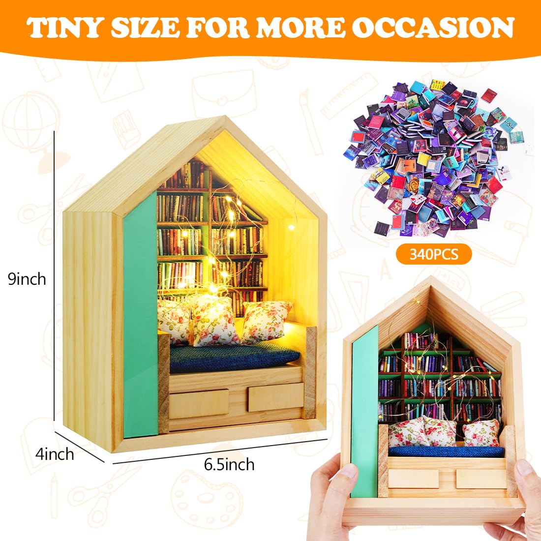 FUYIHGL® Lighted Anxiety Bookshelf with 340 Mini Books - Miniature Book Library Shelf | Coffee Home Office Desk Decor - DIY Tiny Book Nook Kit Organizer - Stress Relief Gifts for Men Women Book Lover
