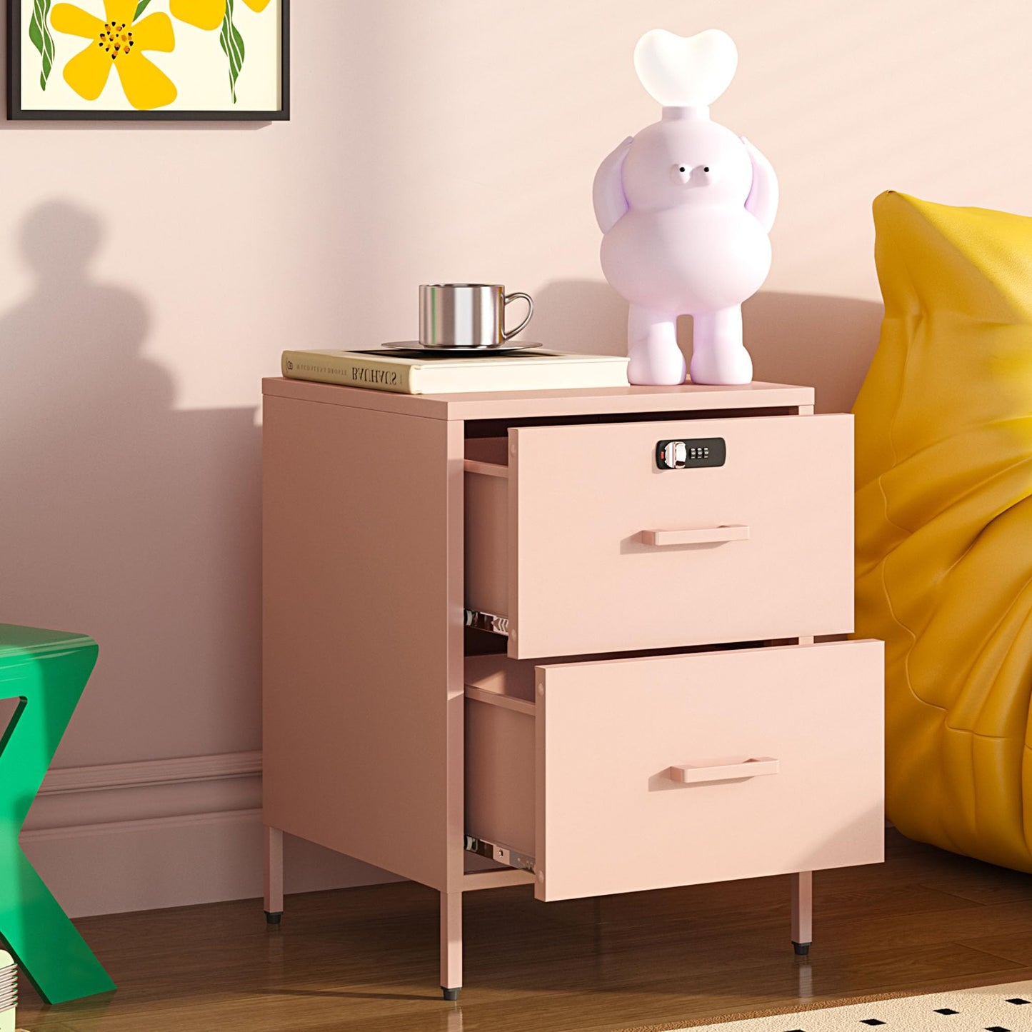 Steehoom Metal Nightstand with Lock, 2 Drawer End Side Table, Lockable Storage Cabinet Kids Cabinet for Living Room, Bedroom, Dorm, 21.26”H X 15.75”W X 15.75”D (2 Drawer, Pink)