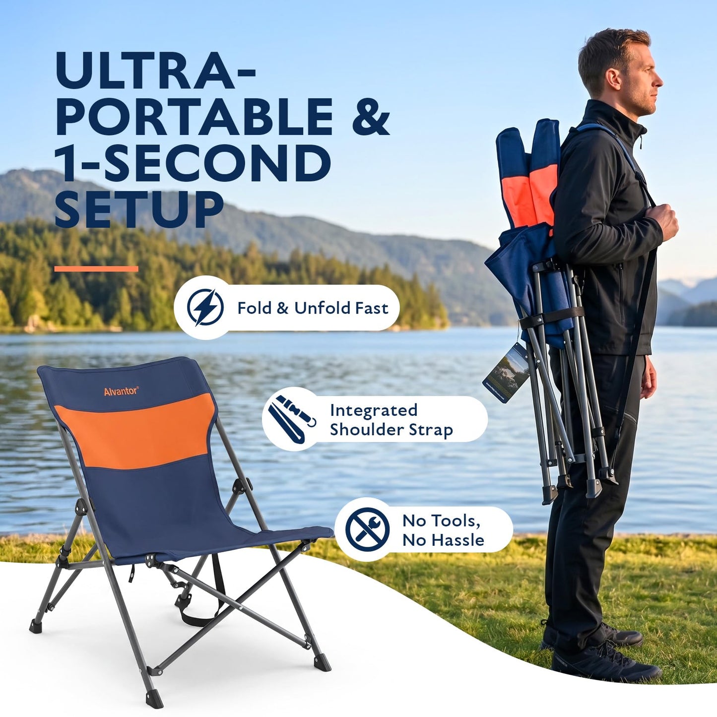 Alvantor® Camping Chair, High Back Folding Beach Chair Breathable for Outdoor, Ergonomic Backrest, Easy Use Portable Lawn Chair Seat for Travel, Fishing, Pinic, Sports Events, 20"x28"x28"