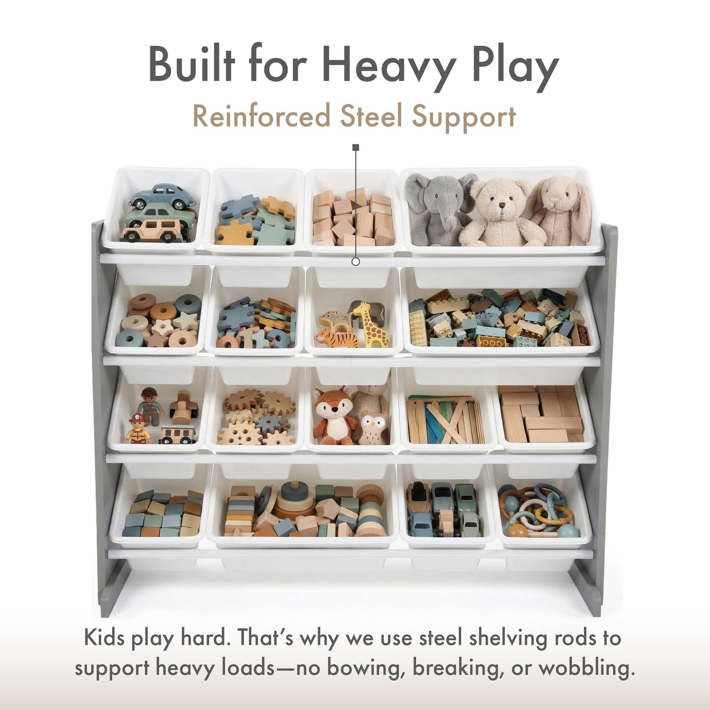 Humble Crew Toy Storage Organizer with 16 Removable Storage Bins for Kids Playroom, 4-Tier Toddler Toy Organization and Storage, Grey/White