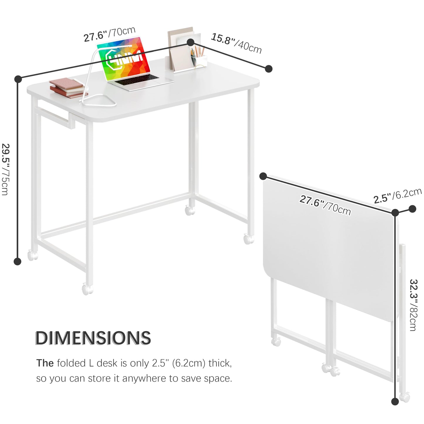 4NM 27.5" Mobile Small Rolling Computer Desk, Folding Laptop Cart Table with Wheels, Portable Office Desk for Small Space Couch Bed - All White