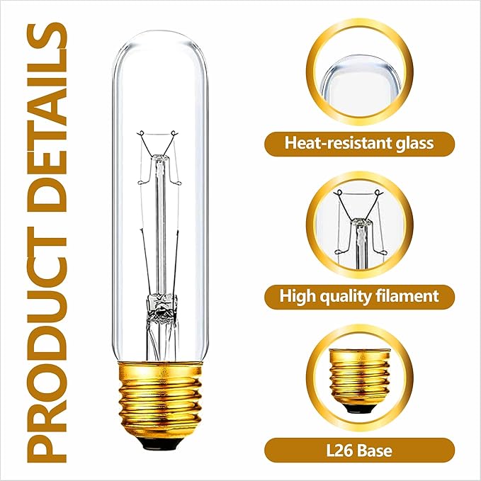 25 Watt T10 Clear Tubular Incandescent Light Bulb, T10 Bulb, Vintage Style
