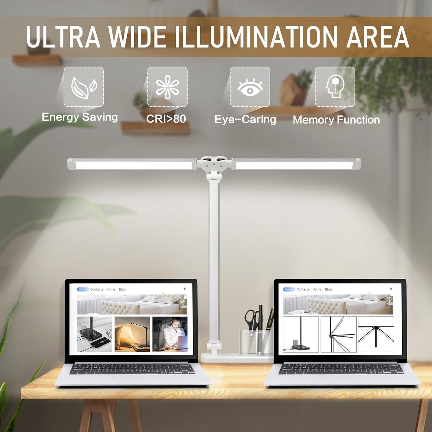 CHARYJOD LED Desk Lamp for Home Office, Eye-Caring Desk Light with USB Adapter, 10W 50 Lighting Modes Foldable Dual Swing Arm Architect Table Lamp Light for Reading, Study, Workbench, 45min Timer