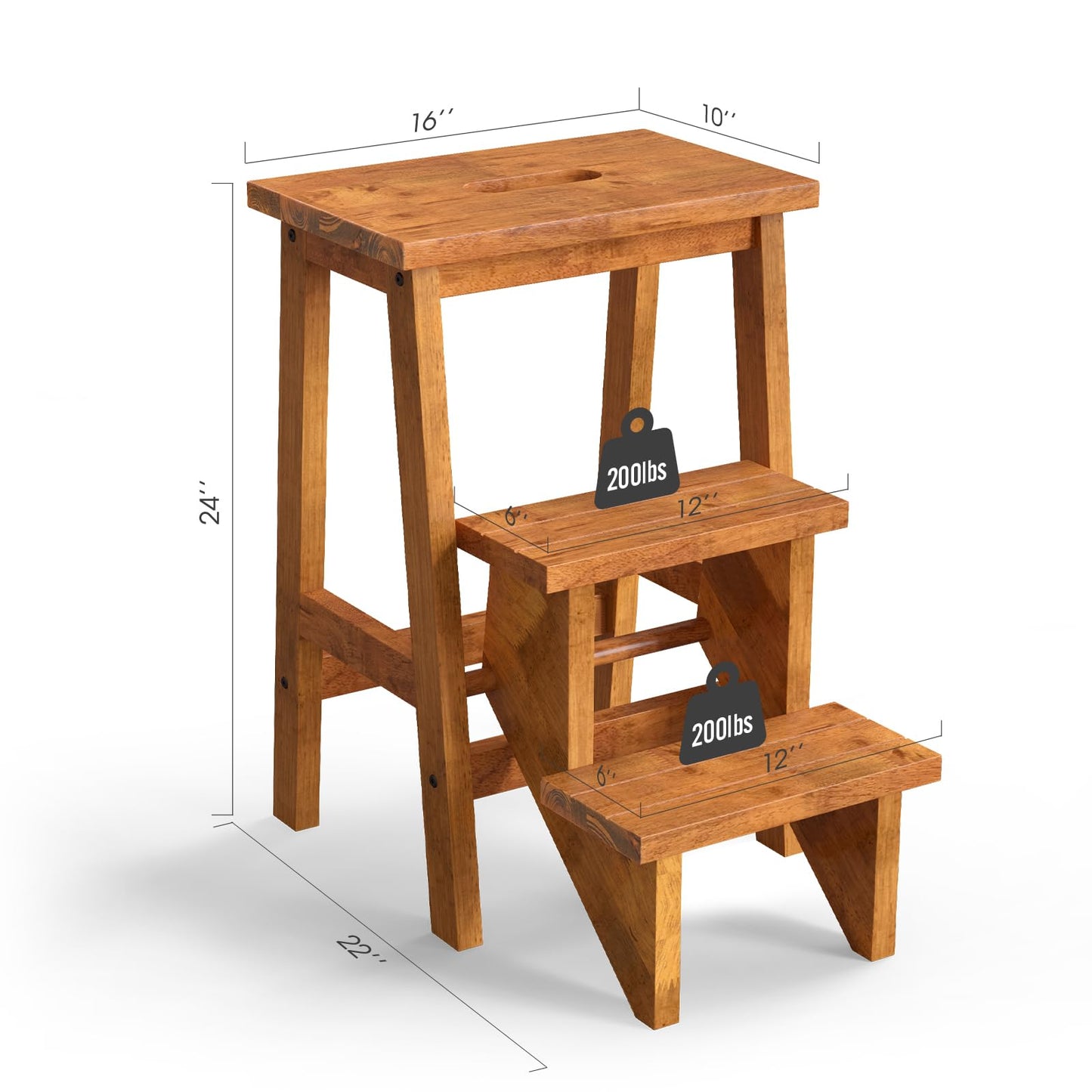 Costzon Folding 3 Step Stool, 3 in 1 Wooden Step Ladder with Handle, Non-Slip Pedal, Multifunctional Storage Shelf, Flower Rack for Kitchen, Library, Garage, Foldable Step Stool for Adults Kids