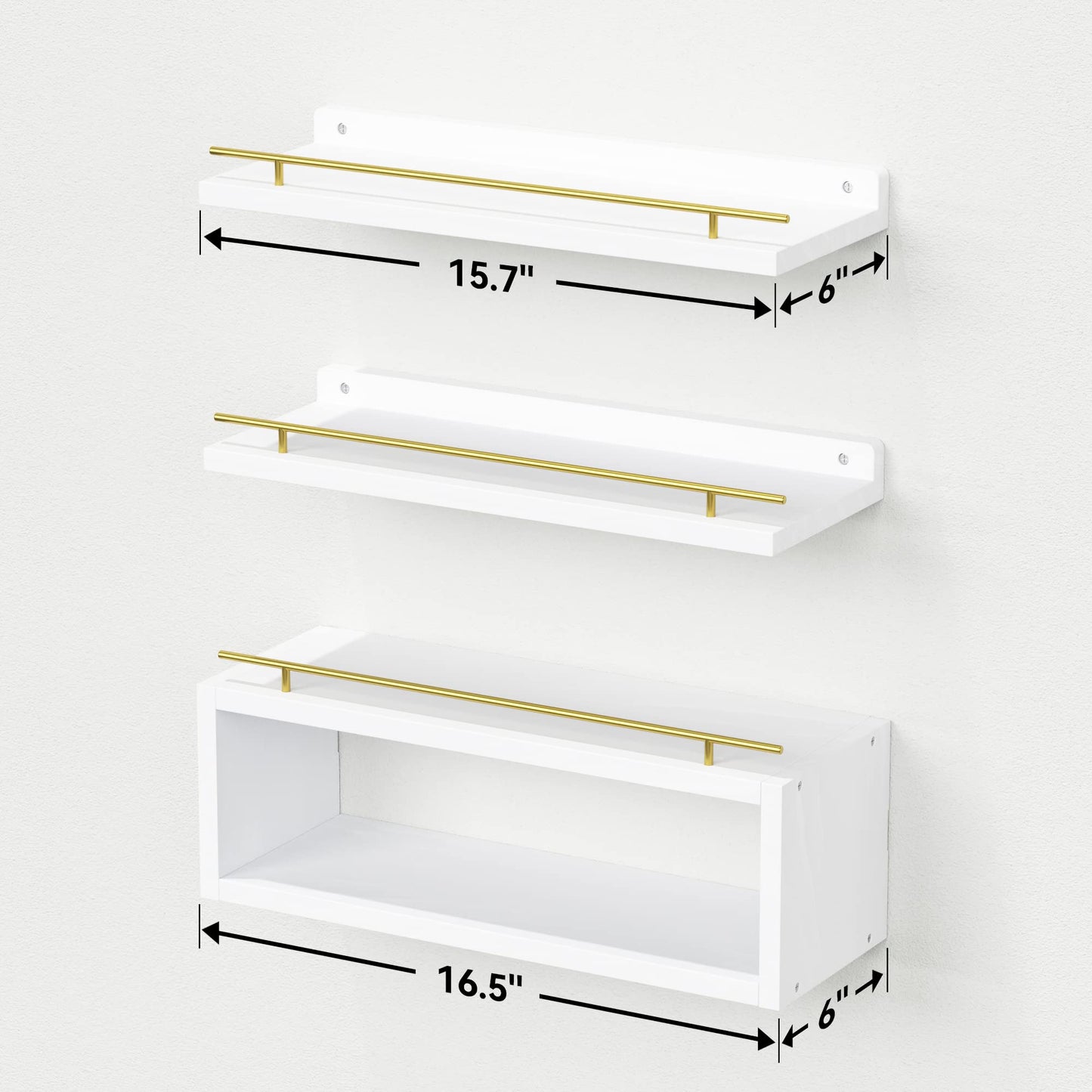 WOPITUES Floating Shelves for Wall with Cube Shelf, Wall Shelves with Metal Rail for Decor, Bathroom Organizers and Storage, Over Toilet Shelves for Bathroom, Toilet Paper-White&Gold