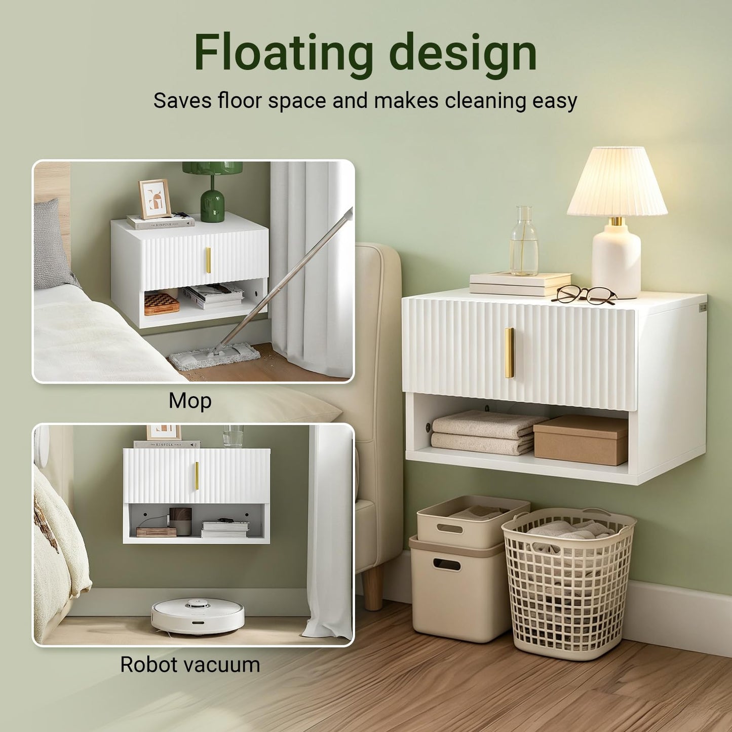 SoBuy Floating Nightstand with LED Sensor Light – Slim Wall Mounted Bedside Table with Drawer and Open Shelf, Modern Narrow White Nightstand for Small Bedrooms and Dorms, FBT176-E-W