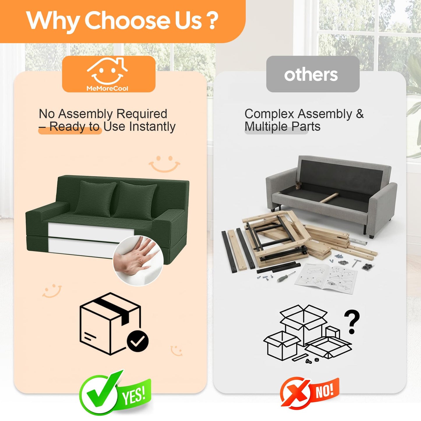 MeMoreCool Boneless Loveseat Sofa Bed – Dark Green Corduroy Convertible Futon Couch, Foldable Floor Sleeper with Foam & Pillow, Washable Cover for Bedroom, Apartment, Small Living Room