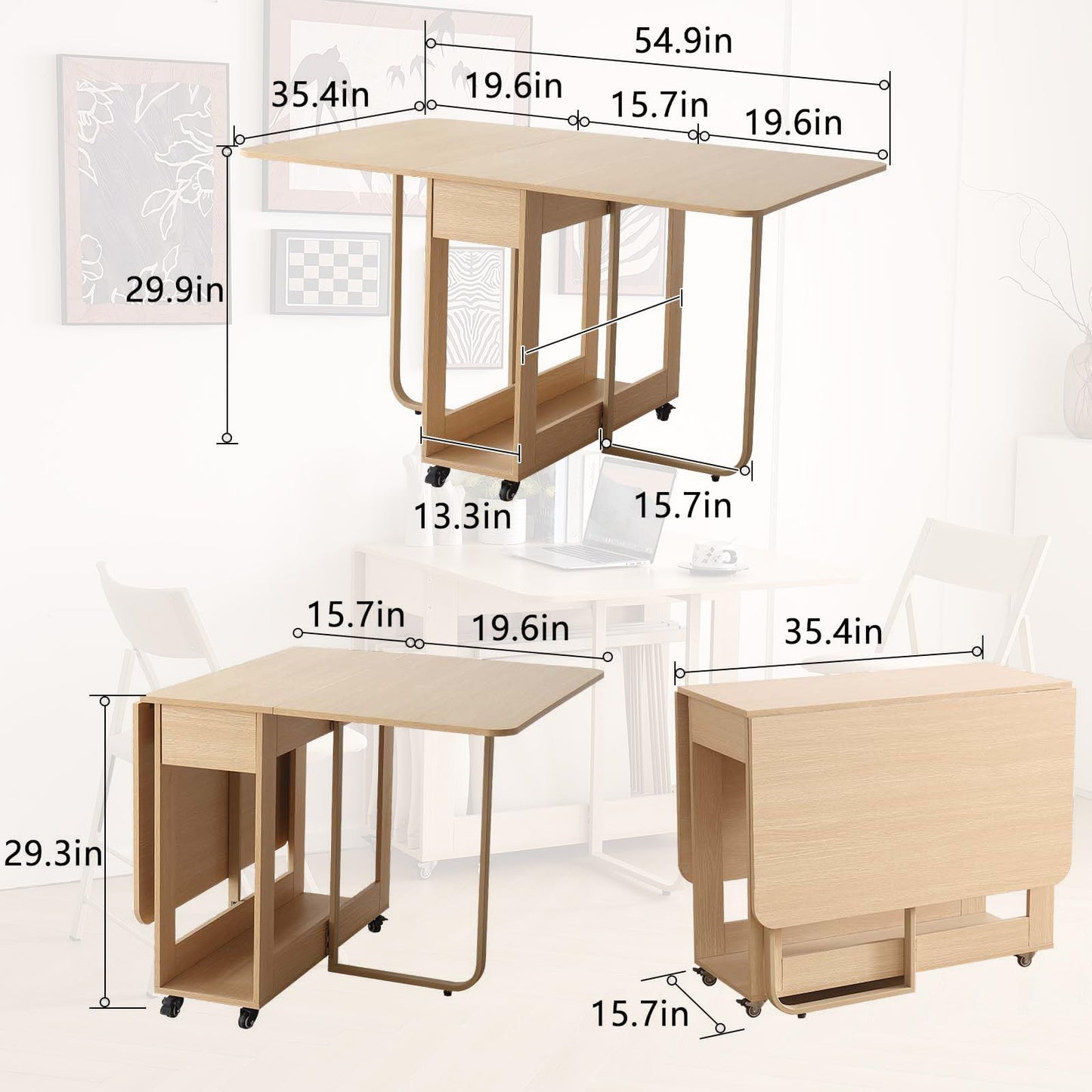 Folding Dining Room Table for 4/6 with 35.4" Extra Wide Space Saving Drop Leaf Table with Lockable Wheels & Storage, Heavy Duty Eco Solid Wood Top 300lb, Convertible Desk for Apartments/RV/Home Office