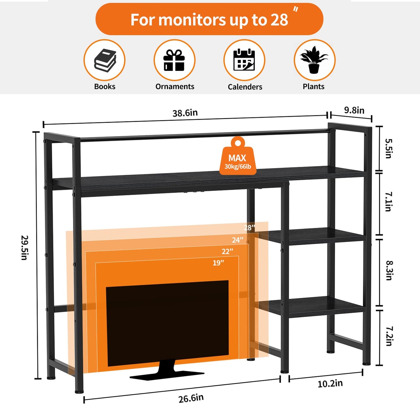 Snughome Desk Shelf, 38.6" Desk Hutch for Computer Monitor, Desktop Organizer Shelf, 4 Tier Desk Display Rack, Wood Desktop Bookshelf Storage Rack for Home Office Dorm, Black