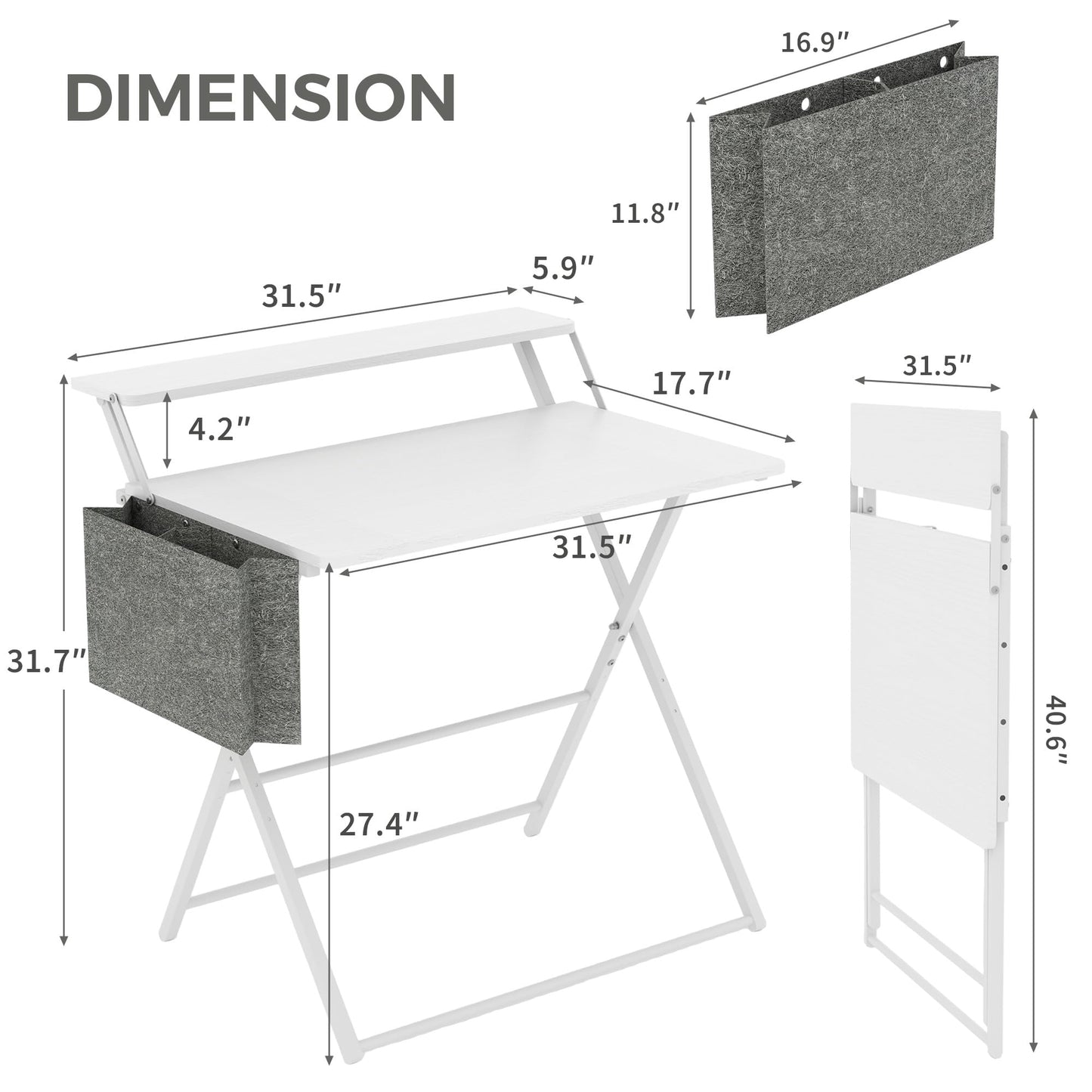 Small Desk No Assembly,31.5Inch 2-Tier Compact Computer Desk with Shelf & Side Pocket,Space Saving Foldable Table for Home Office, Bedroom or Apartment,Portable Collapsible Sturdy Laptop Desk,White