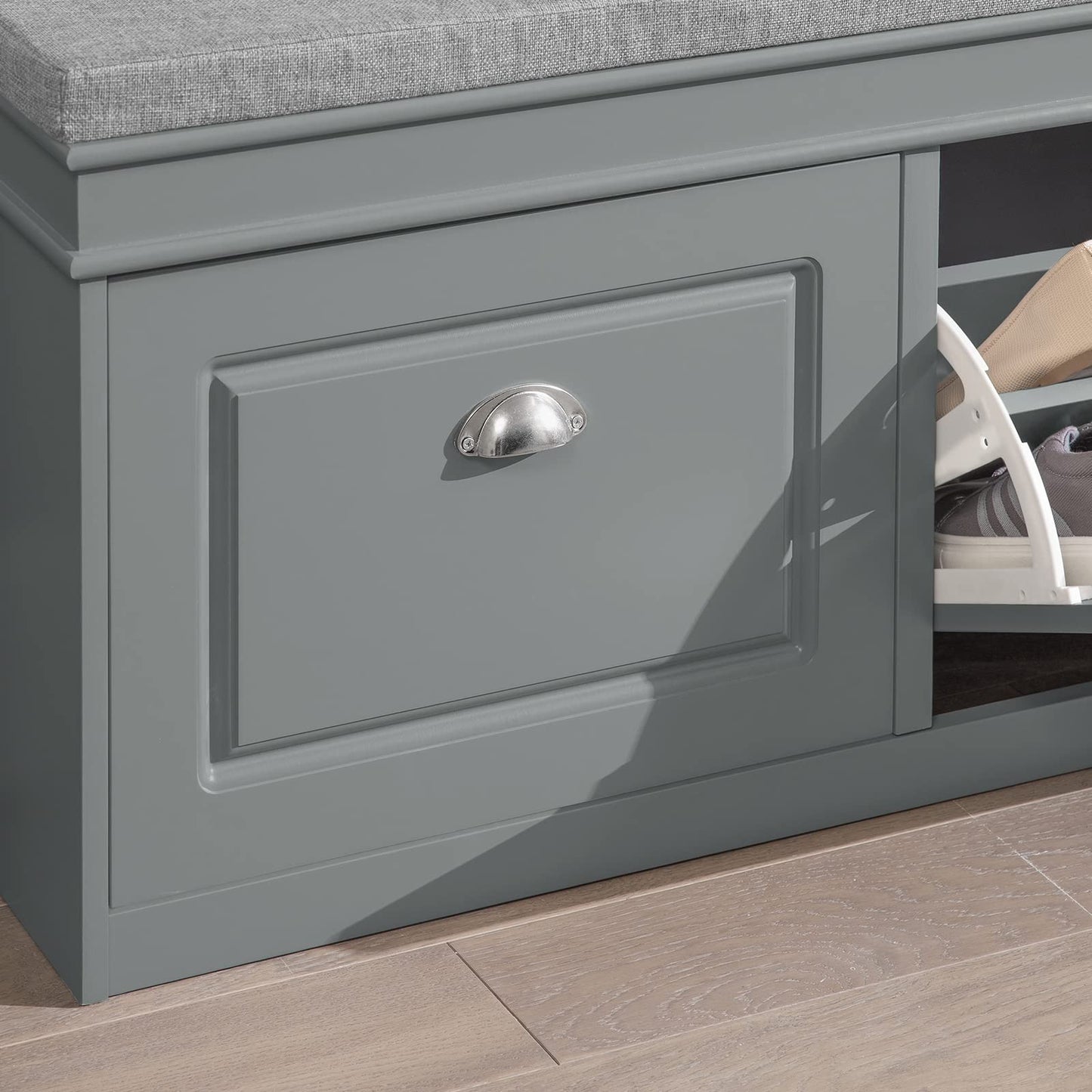 Haotian Grey Storage Shoe Bench with 2 Flip Drawers & Padded Seat Cushion, Enterway Bench Shoe Cabinet Shoe Organizer, Hidden Shoe Rack for Hallway, Bedroom FSR64-HG