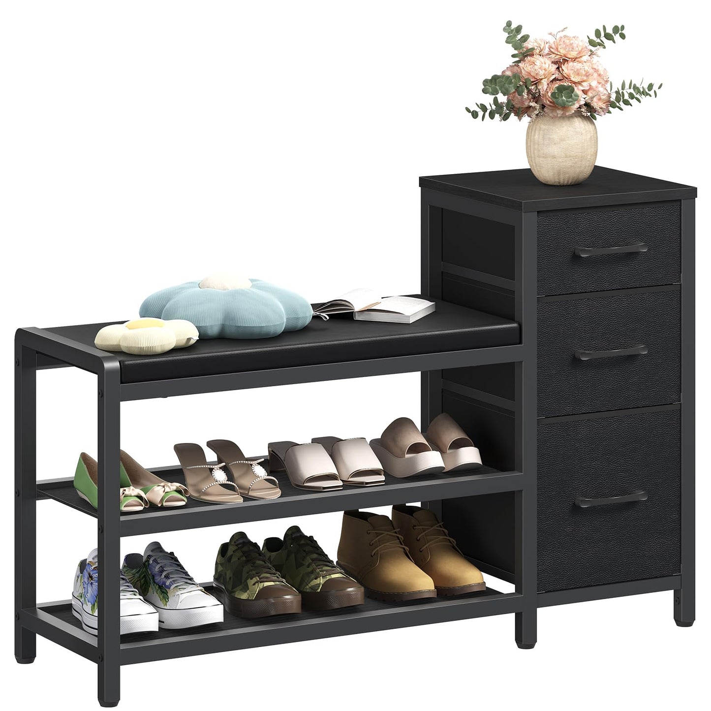 YATINEY Entryway Bench with Shoe Storage, 3-Tier Shoe Rack Bench with Wooden Shelves and 3 Non-Woven Drawers, PU Padded Shoe Storage Bench for Entryway, Bedroom, Black HX07BB