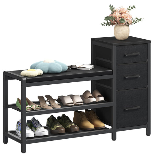 YATINEY Entryway Bench with Shoe Storage, 3-Tier Shoe Rack Bench with Wooden Shelves and 3 Non-Woven Drawers, PU Padded Shoe Storage Bench for Entryway, Bedroom, Black HX07BB