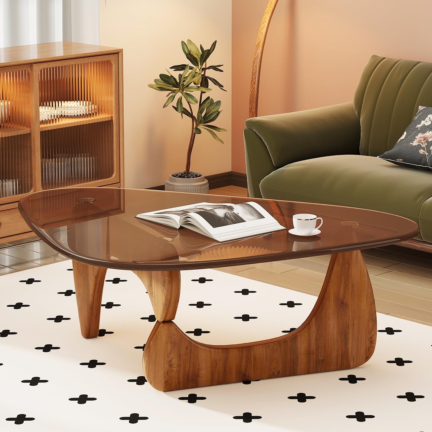 JCAJCA Coffee Table for Living Room Mid Century Modern Center Table with Glass Top and Wood, 36 Inch, Brown/Walnut