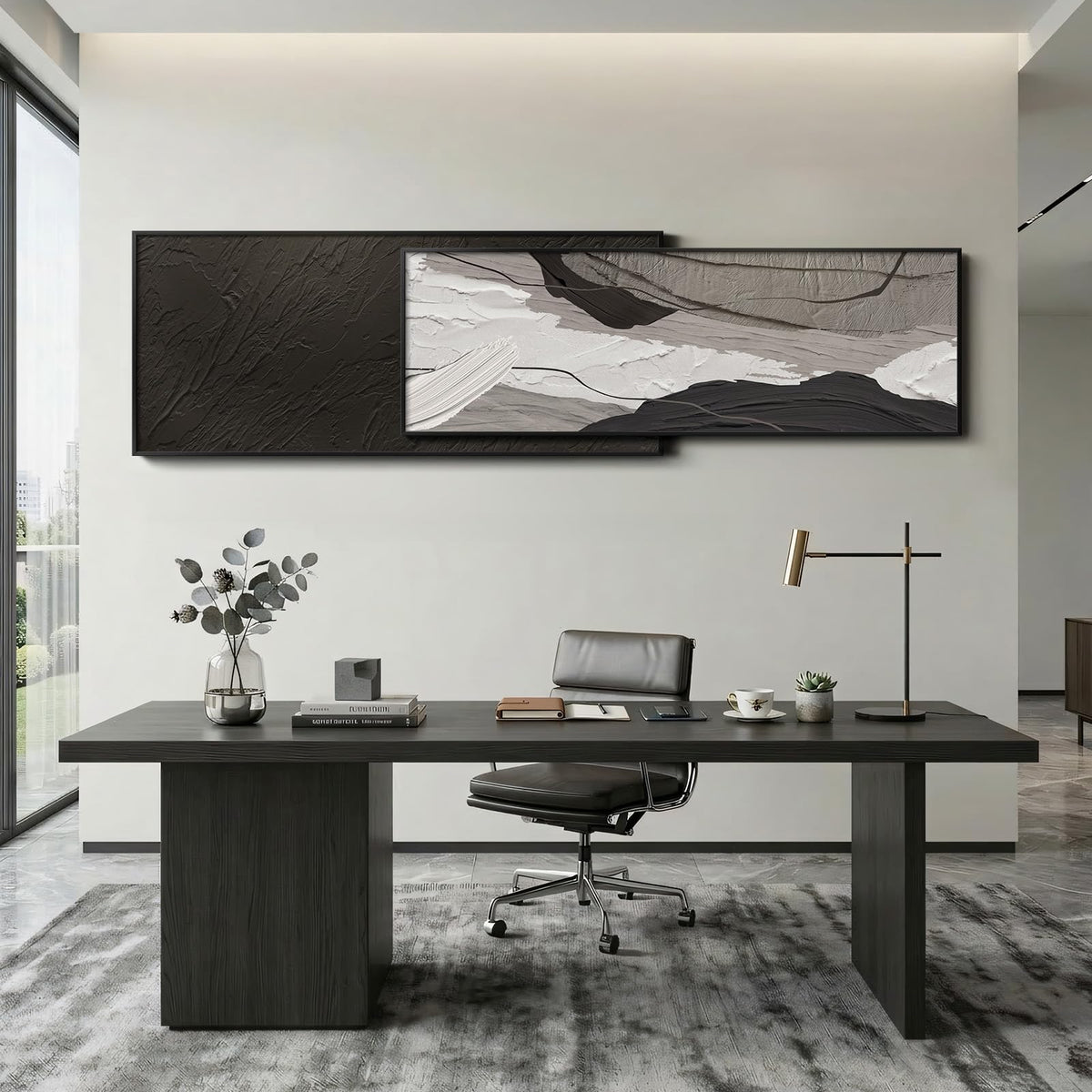 Extra Large Framed Black and White Abstract Wall Art for Living Room, Set of 2 Long Horizontal Modern Canvas Prints Paintings, Minimalist Gray Pictures for Bedroom Dining Room Office Wall Decor