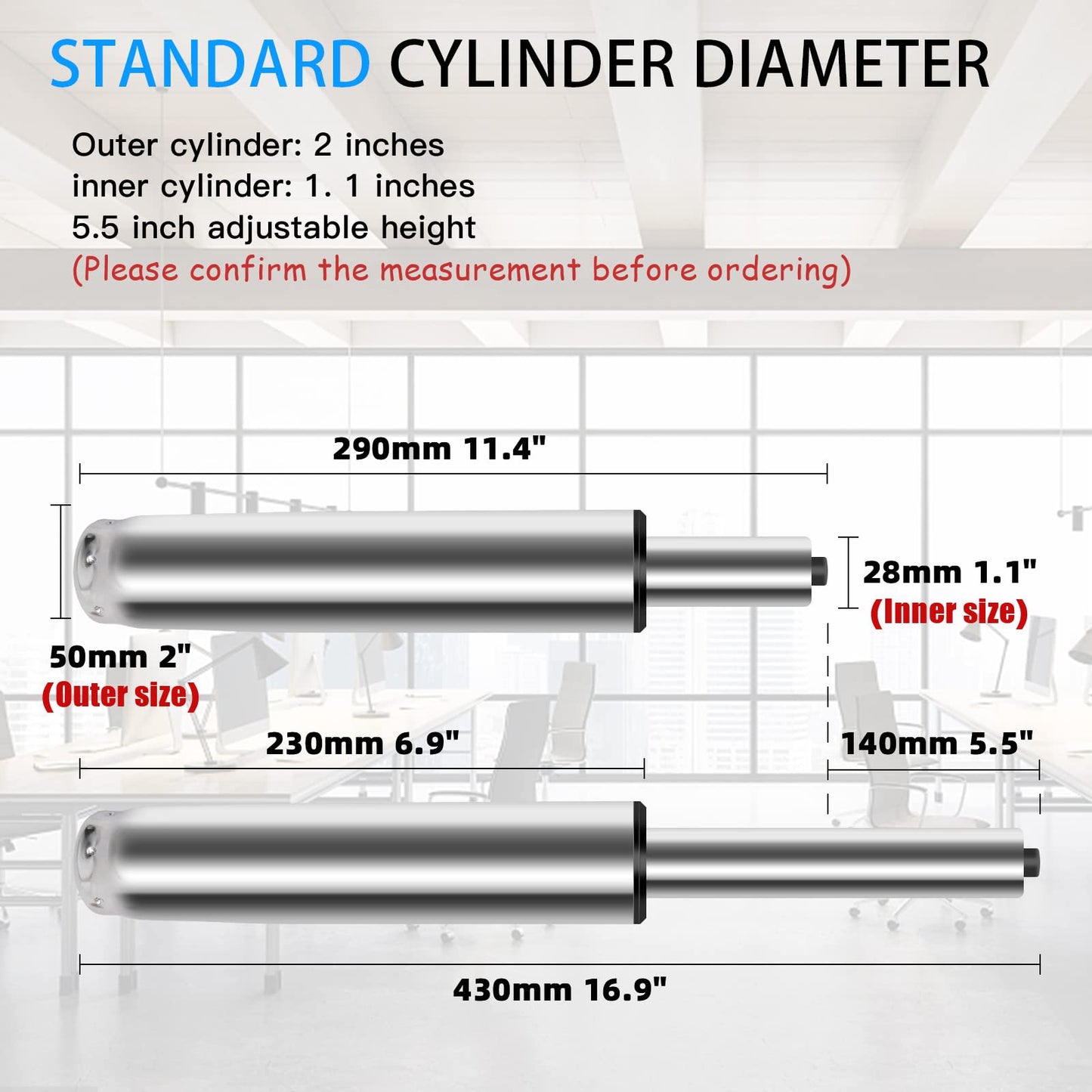 5.5 inch Office Chair Cylinder Replacement,Heavy Duty Gas Lift Cylinder for Office Desk Chairs/Gaming Chair,Gas Lift Hydraulic/Pneumatic Piston, Universal Size (Silver)