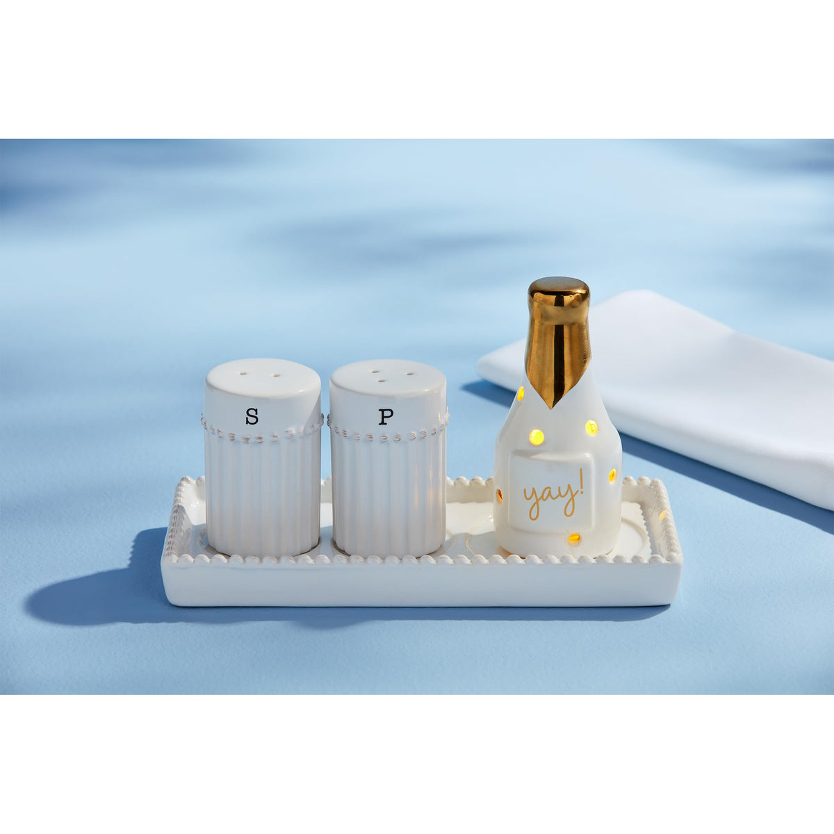 Mud Pie Salt Pepper Accessory Holder; shaker 2 3/4" x 1 3/4" dia | tray 3 1/4" x 6 3/4"