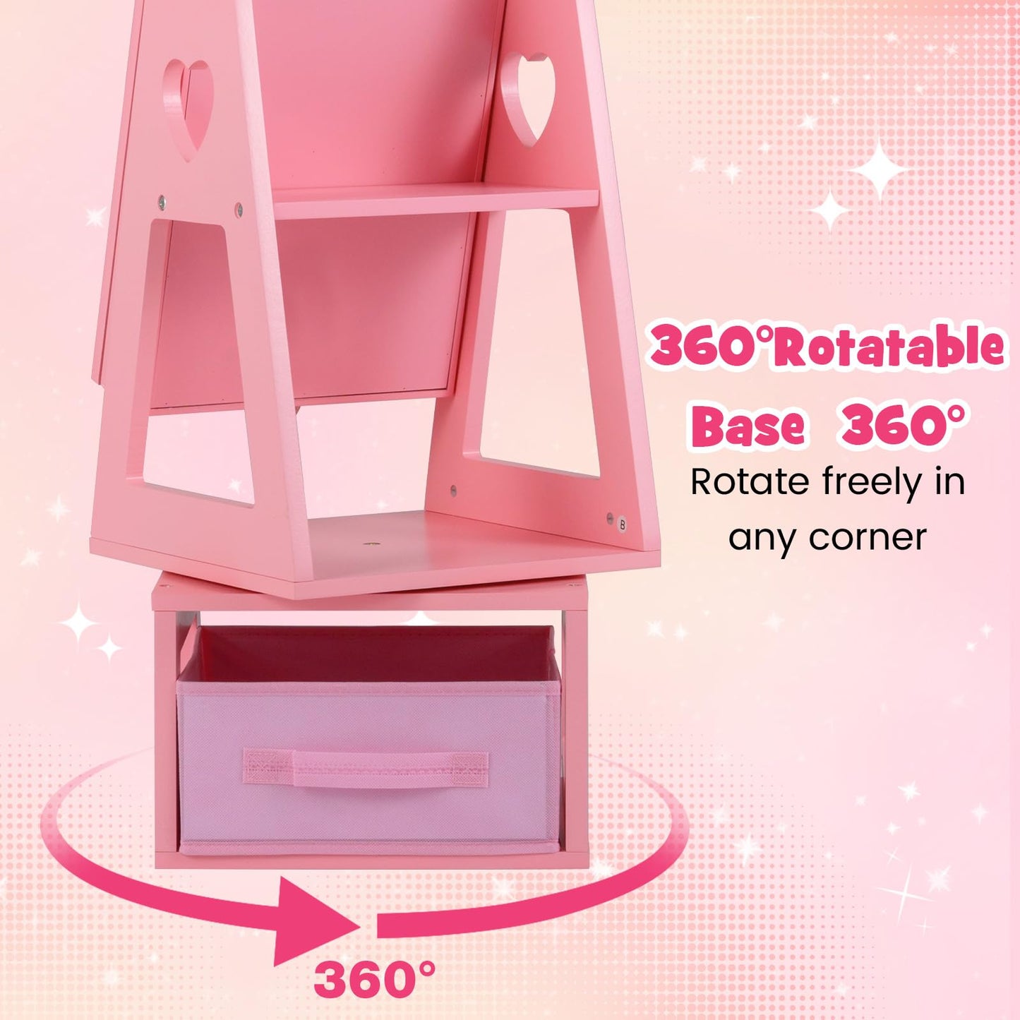 INFANS Kids Jewelry Armoire Cabinet, 360° Swivel Lockable Standing Makeup Organizer with Interior Lights, Rotatable Full-Length LED Vanity Mirror with Foldable Fabric Drawer for Girls