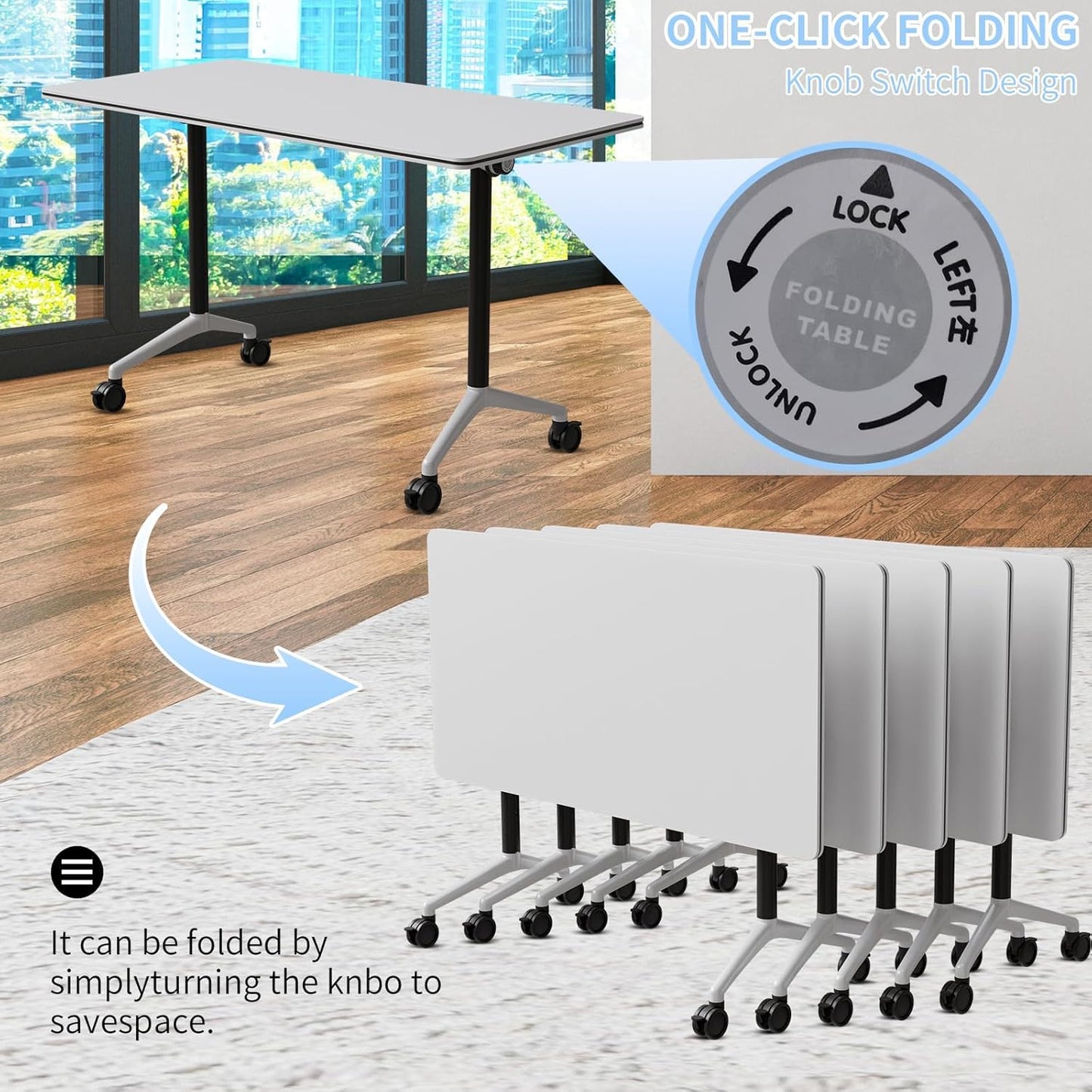 NOXMIZ Conference Room Table, Folding Conference Tables with Wheels, Modern Office Meeting Room Table with Strong Metal Frame, Large Business Seminar Furniture for Boardroom, School (6Pack 55.1in)