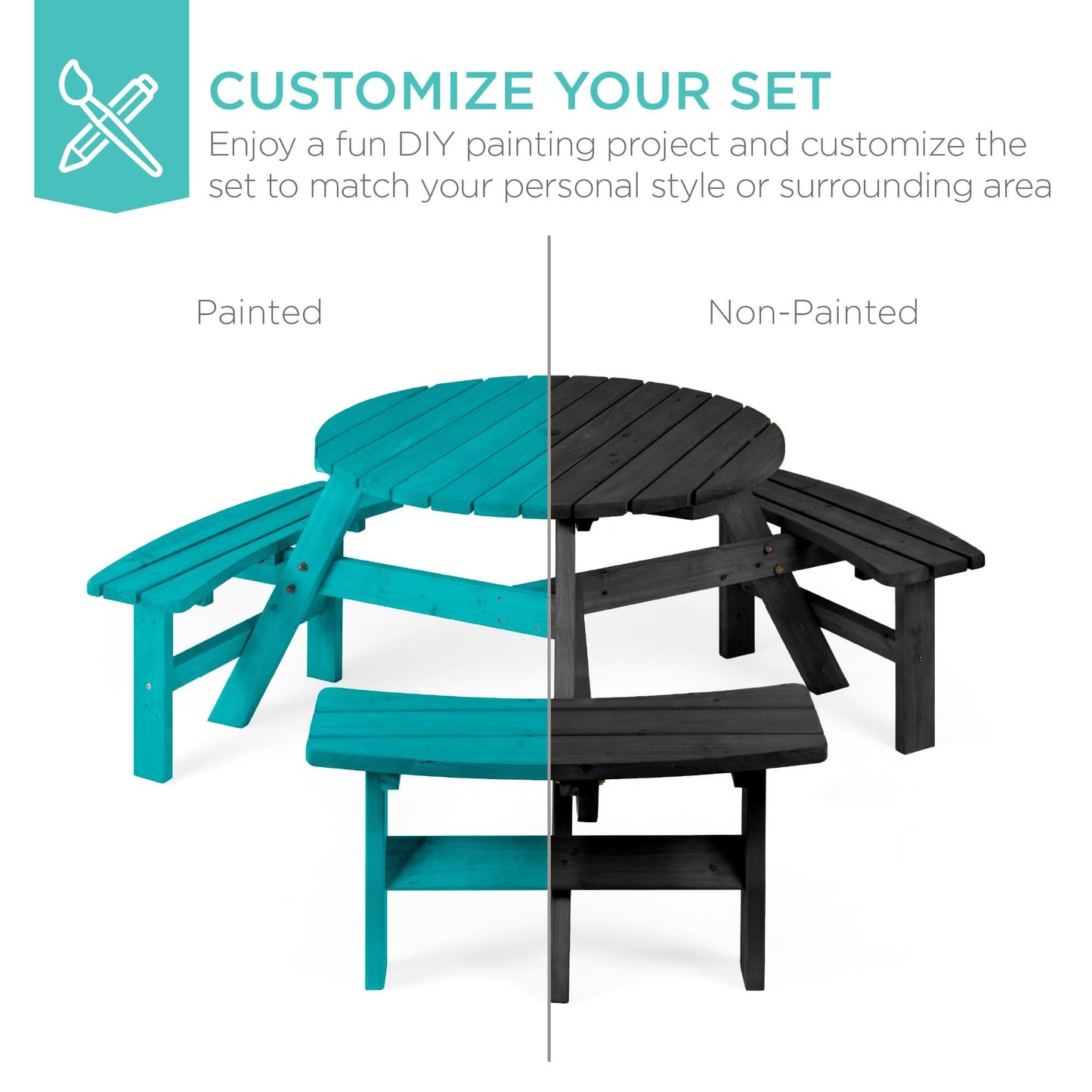 Best Choice Products 6-Person Circular Outdoor Wooden Picnic Table for Patio, Backyard, Garden, DIY w/ 3 Built-in Benches, 500lb Capacity - Black