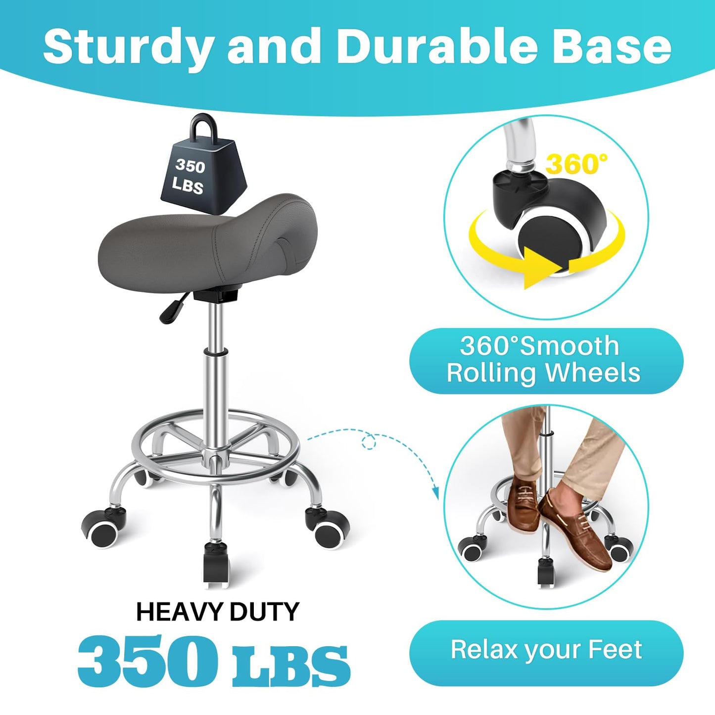 YEEZEE Saddle Stool Ergonomic- Comfortable Rolling Saddle Stool with Wide Thick Saddle Seat Padding, Swivel Adjustable Saddle Chair with Wheels and Ring Pedal for Medical Massage Salon (Grey)