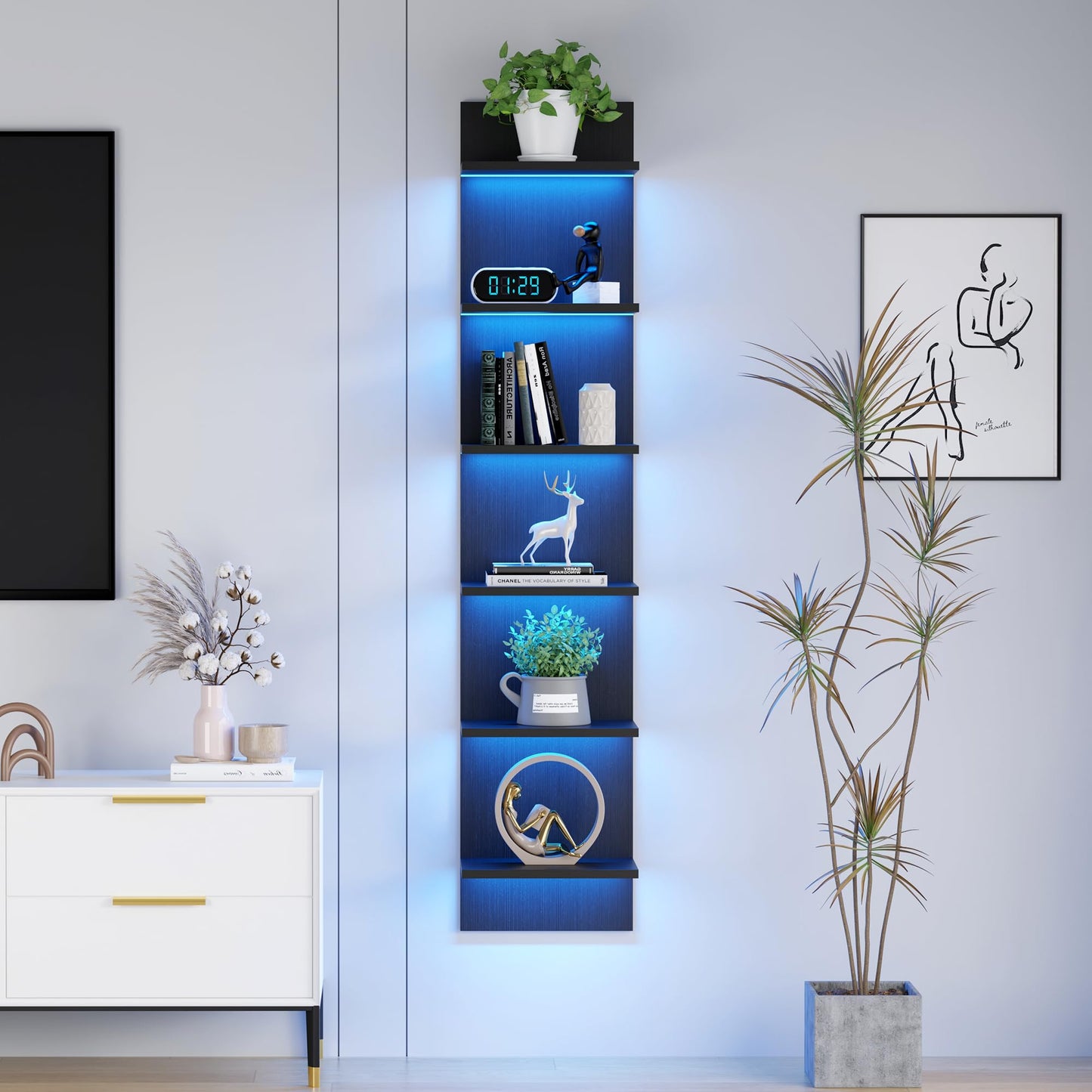 Qupui 6 Tier Wall Shelf Unit with LED Remote Control Light, 57 Inch Floating Storage Home Decor Organizer Shelving for Bedroom Living Room, Black