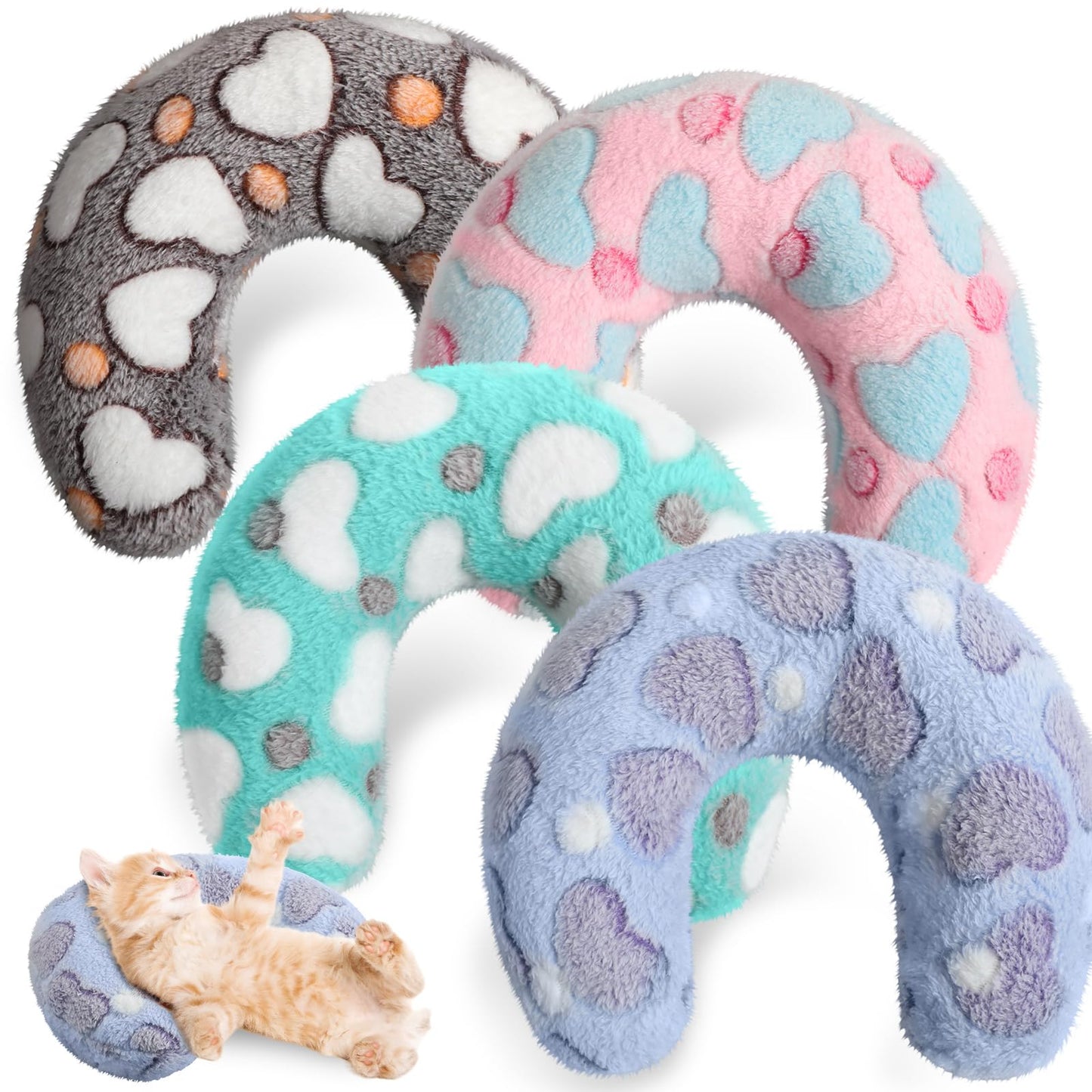 Sweetude 4 Pcs Pillows for Cats Puppy Bed Fluffy Pet Calming Soft Gifts Half Donut U Shaped Pet Neck Pillow Training Joint Relief Cervical Protection(Heart,Medium)