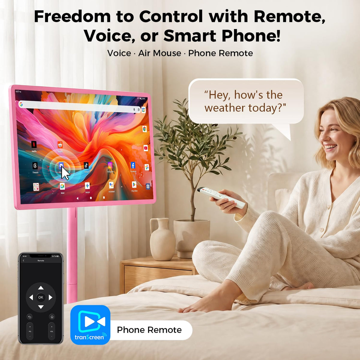 32" Portable Smart TV with Android 15, 1080P Touch Screen Monitor on Wheels, EDLA-Certified, 8GB+128GB Storage, 5MP Camera, 10H Playing Time, Rotatable Display, Wireless Casting, Voice Remote Control