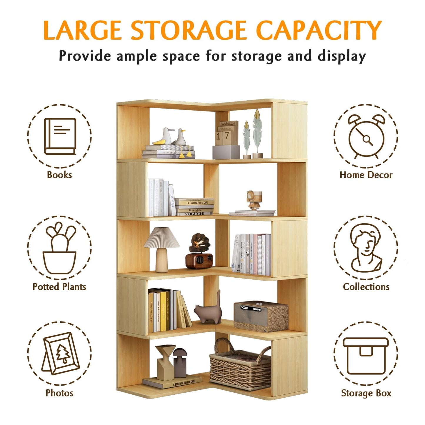 IOTXY 6-Tier L-Shaped Corner Bookshelf - 66" Tall Wooden Freestanding Bookcase with Open Shelf Units, Oak