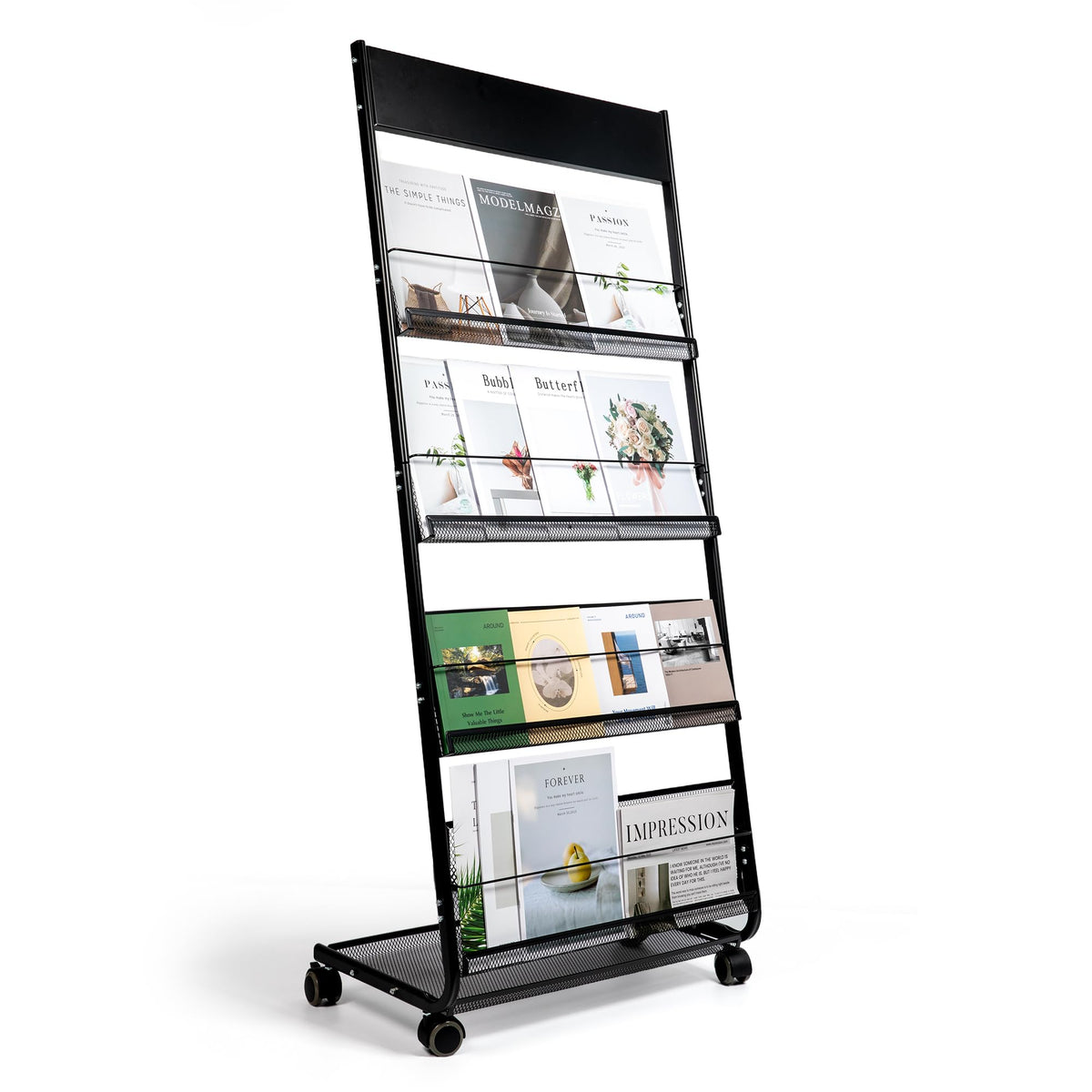KIZECK Floor Magazine Rack Brochure Display Stand 4-Layer With Wheels And Top Billboard, Newspaper Literature Holder High-Hardness Metal For Office Exhibitions, Black (57.5''*25''*13.2'')