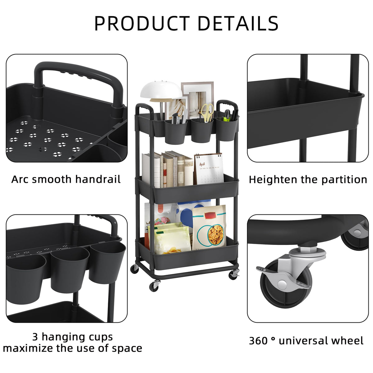 JIUYOTREE 3-Tier Plastic Rolling Storage Cart Utility Cart with Extra Hanging Cups Handles Lockable Wheels for Living Room Bathroom Kitchen Office Black