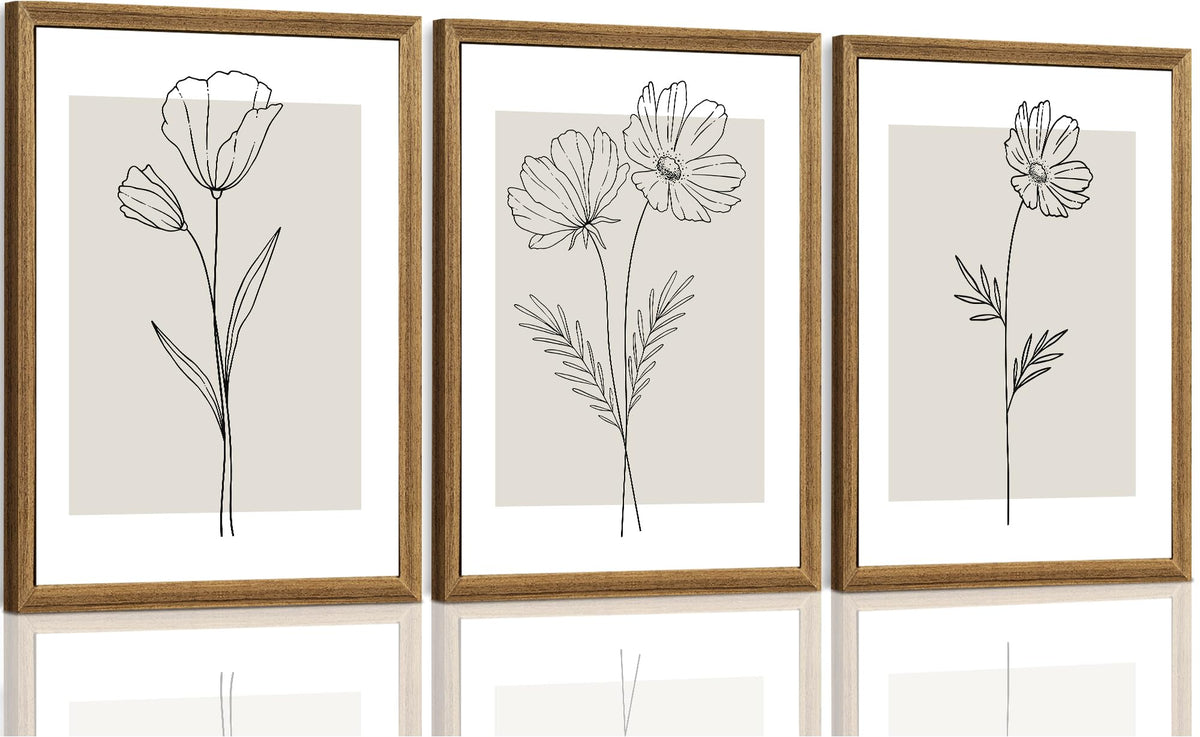 ICHZUMW Neutral Botanical Floral Wall Art, Black and White Farmhouse Flowers Wall Decor, Modern Minimalist Line Art Canvas Prints, Beige Artwork, Living Room Bedroom Home Office, Set of 3, 12x16in