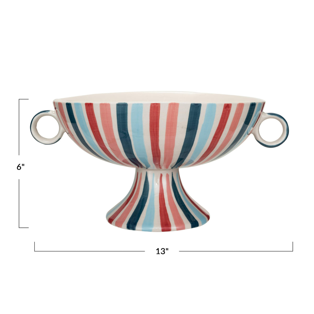 Creative Co-Op Hand-Painted Stoneware Footed Bowl with Handles and Stripes, Multicolor
