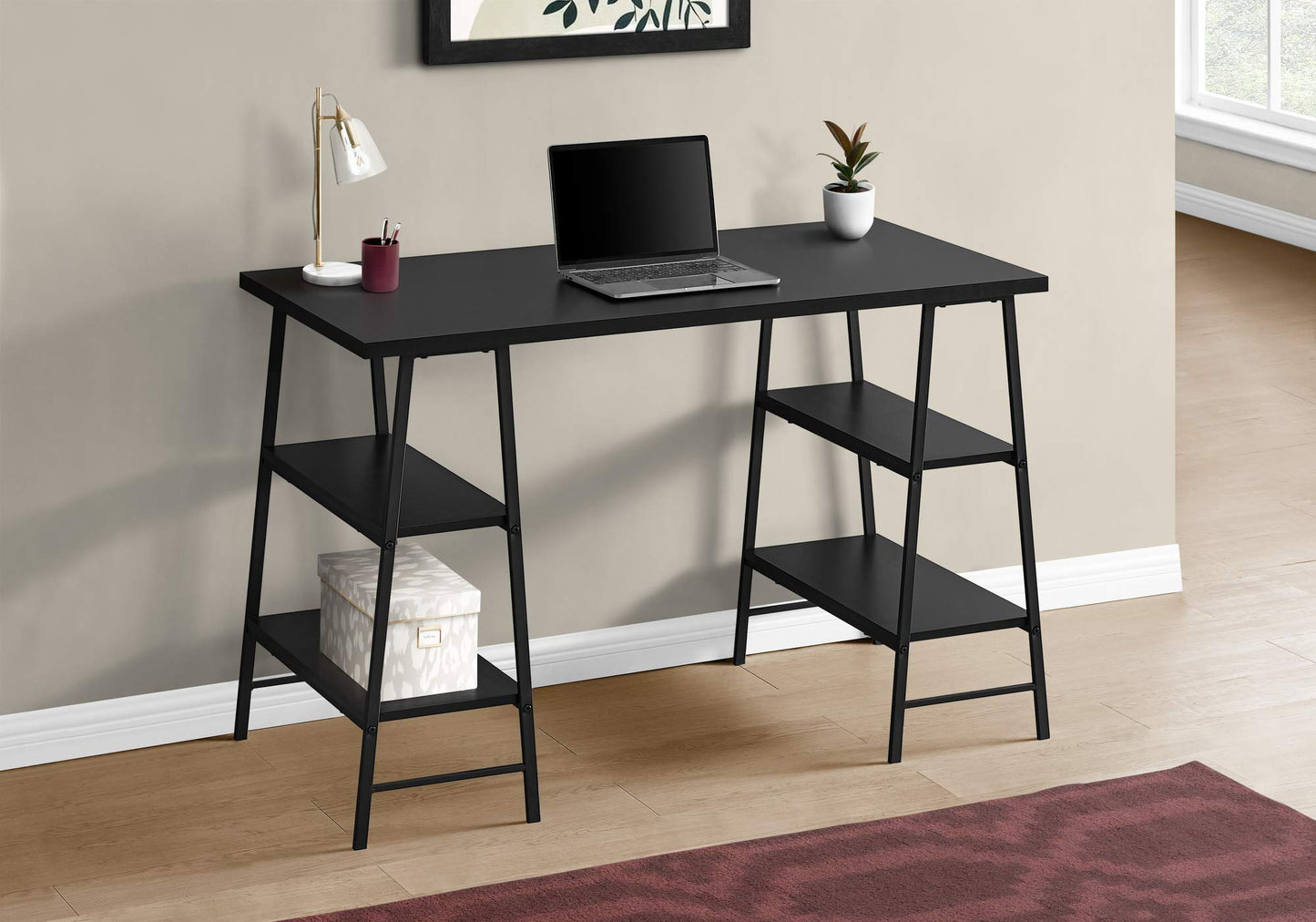 Monarch Specialties I 7522 Computer Desk, Home Office, Laptop, Storage Shelves, 48" L, Work, Metal, Laminate, Black, Contemporary, Modern