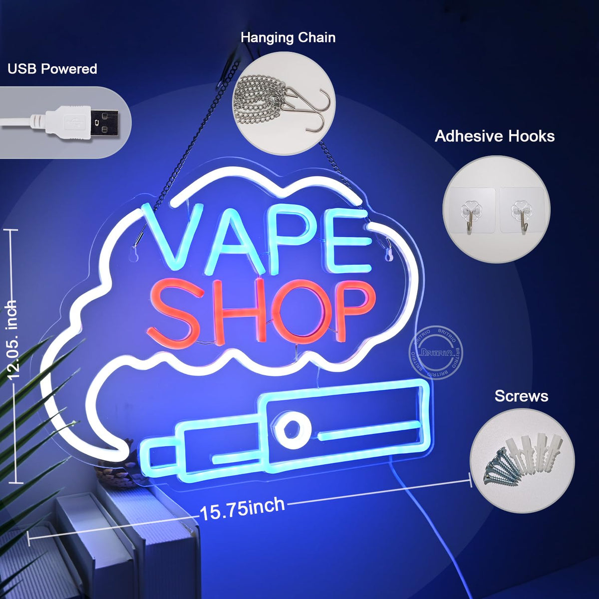 Britrio VAPE Shop Neon Sign Wall Art Decor Smoke Business Window Home Bar Office Bedroom Kitchen Man Cave Garage Light Up Sign Birthday Party Gift 5V USB