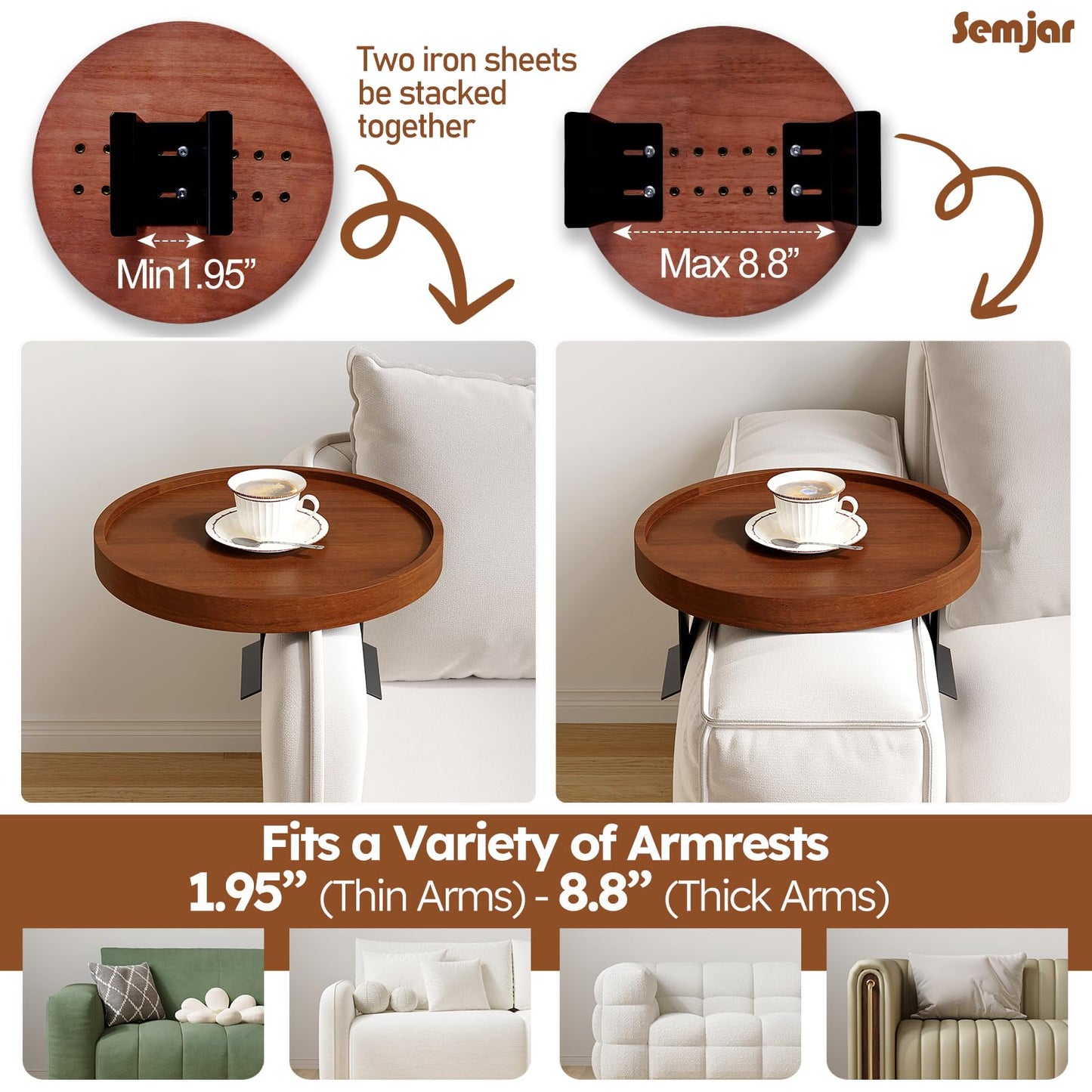 Semjar 2 Pack Sofa Arm Tray,11.8“ Adjustable Natural Wood Couch Arm Trays Tables with Phone Holder,More Anti-Slip Clip On Chair Table Tray,Round Couch Armrest Cup Holder for Drinks Snack Eating